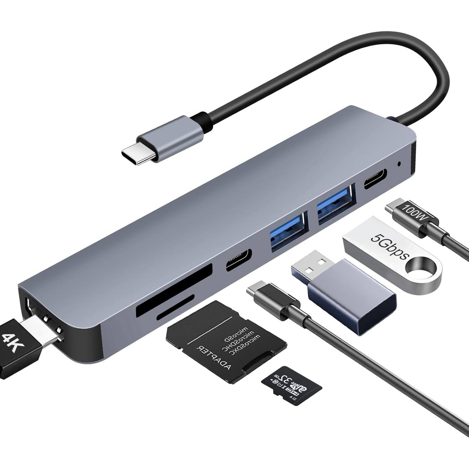 Grauer USB-C-Hub mit SD, microSD-Kartenslots, 2 USB-A-Anschlüssen, 4K & 100W.