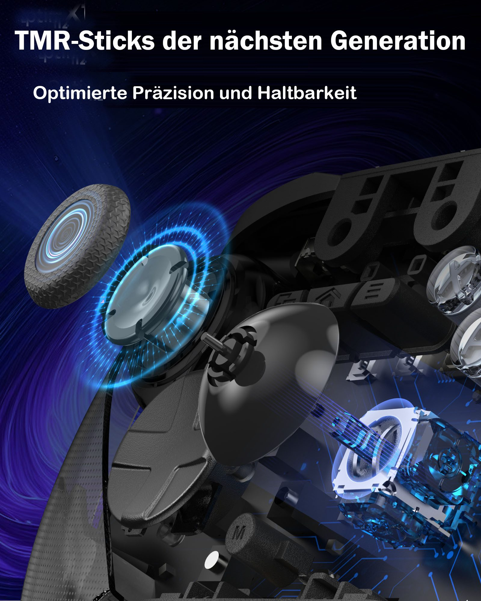 Ein mechanischer Stick mit blau leuchtenden Elementen und einem Reifen