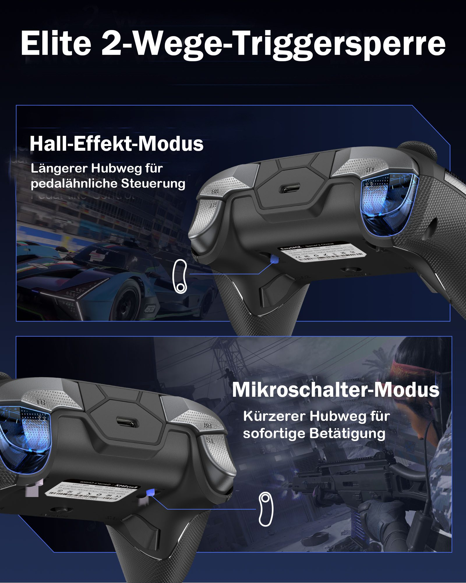Elite 2-Wege-Triggersperre: Hall-Effekt-Modus mit langem Hubweg für pedalähnliche Steuerung.