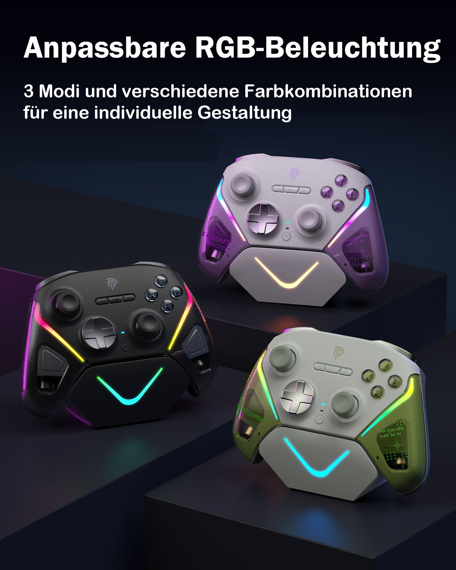 Drei Gaming-Controller mit anpassbarer RGB-Beleuchtung in verschiedenen Farben.