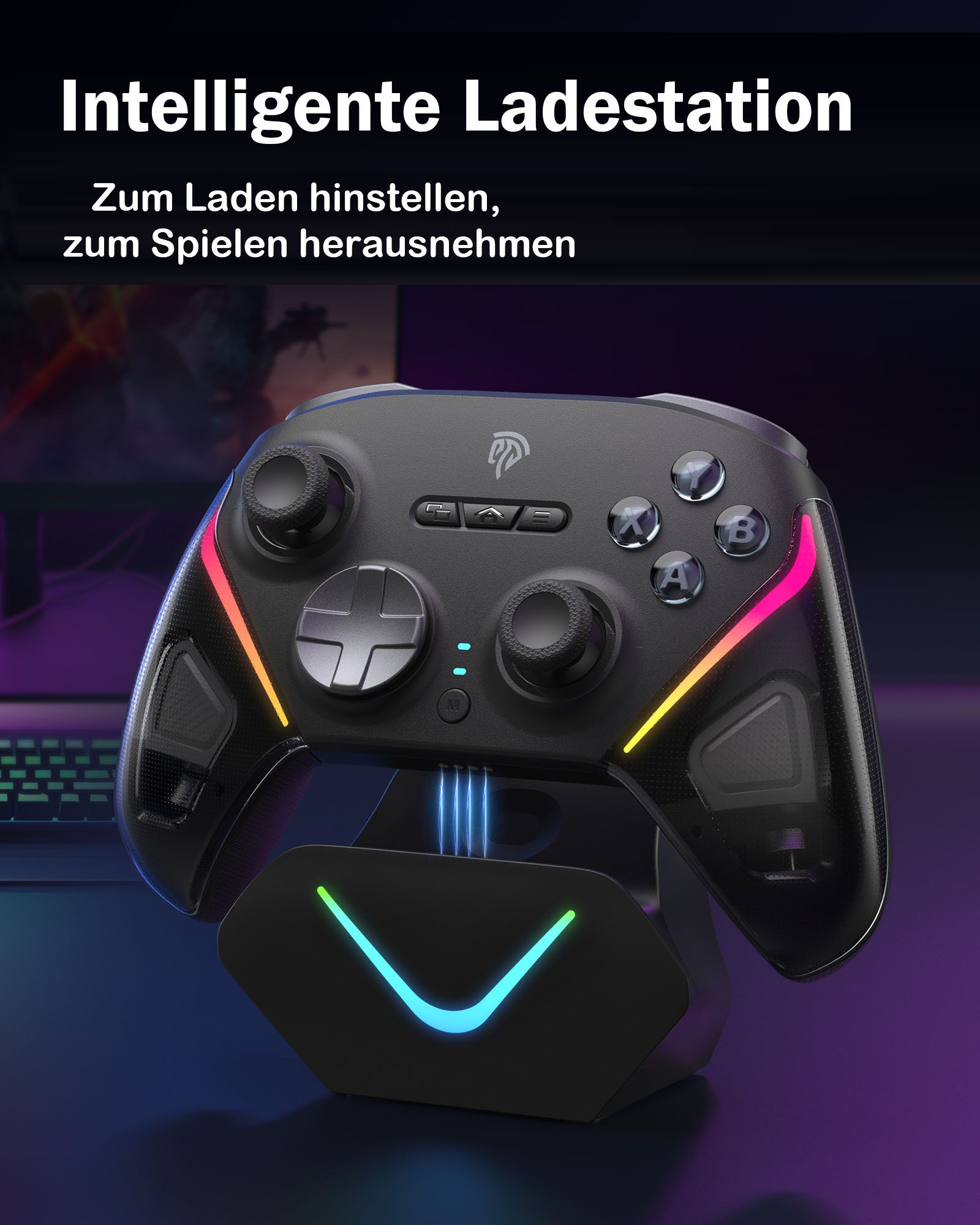 Ein schwarzer Controller mit farbiger Beleuchtung steht auf einer Ladestation.