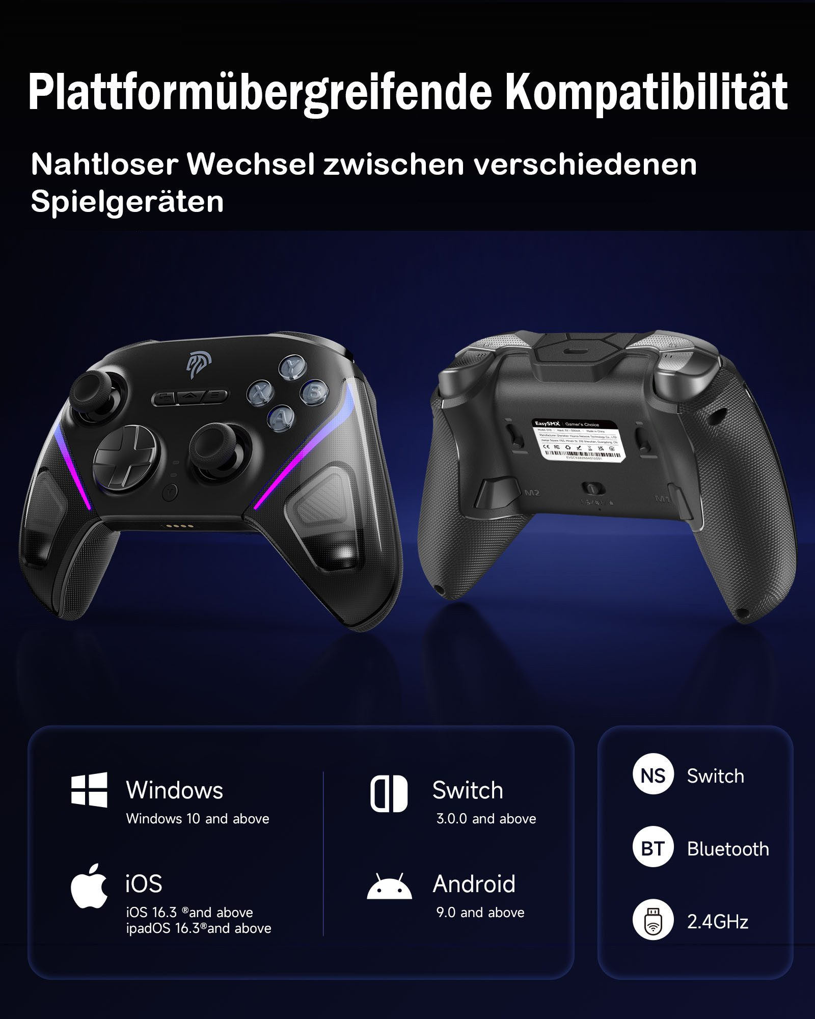 Zwei schwarze Gamecontroller mit RGB-Beleuchtung, kompatibel mit Windows, iOS, Android, Switch.