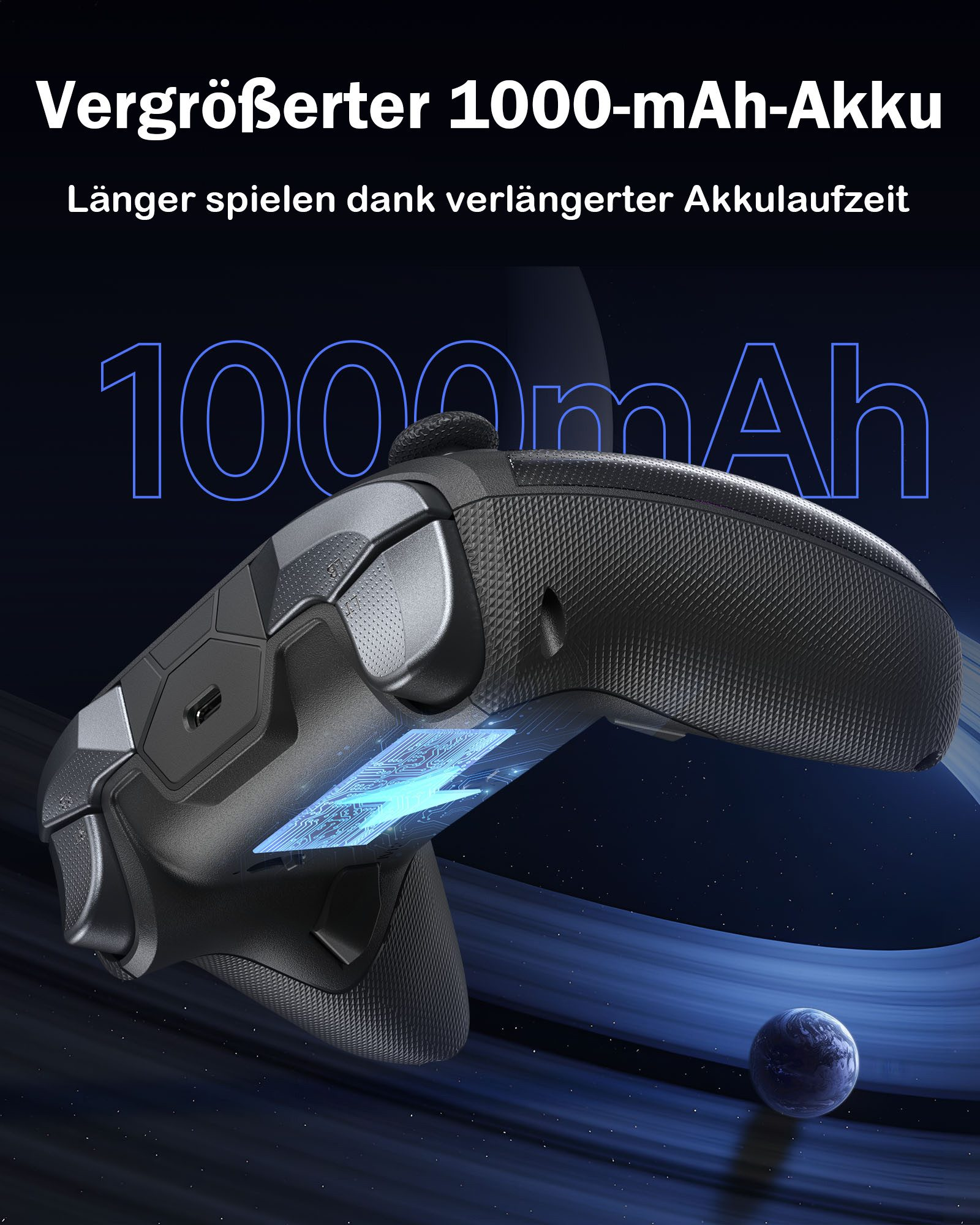 Schwarzer Controller mit leuchtenden Schaltkreisen und „1000 mAh“ Schriftzug.