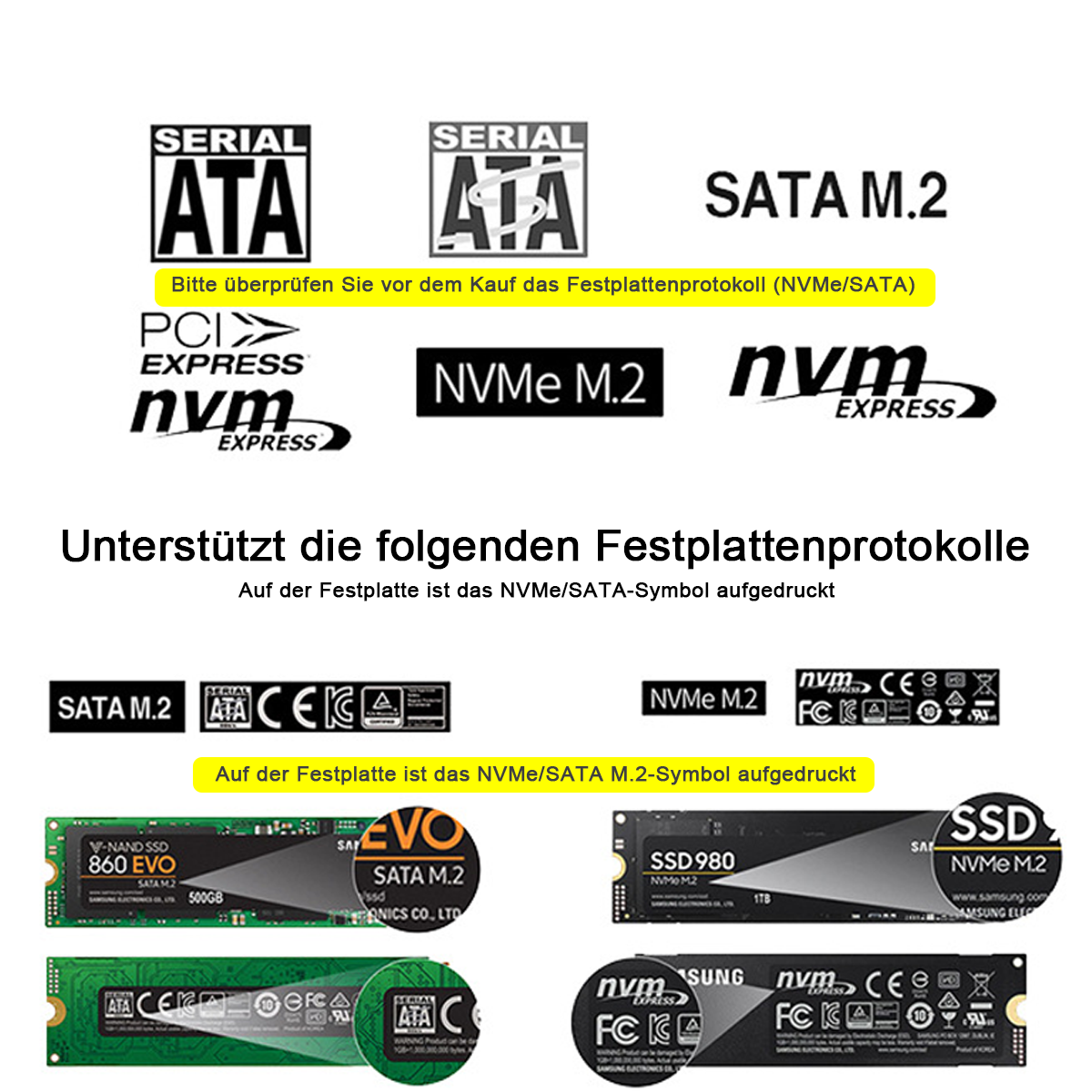 Logos und Bilder von SSDs mit SATA, NVMe und M.2 Schnittstellen.