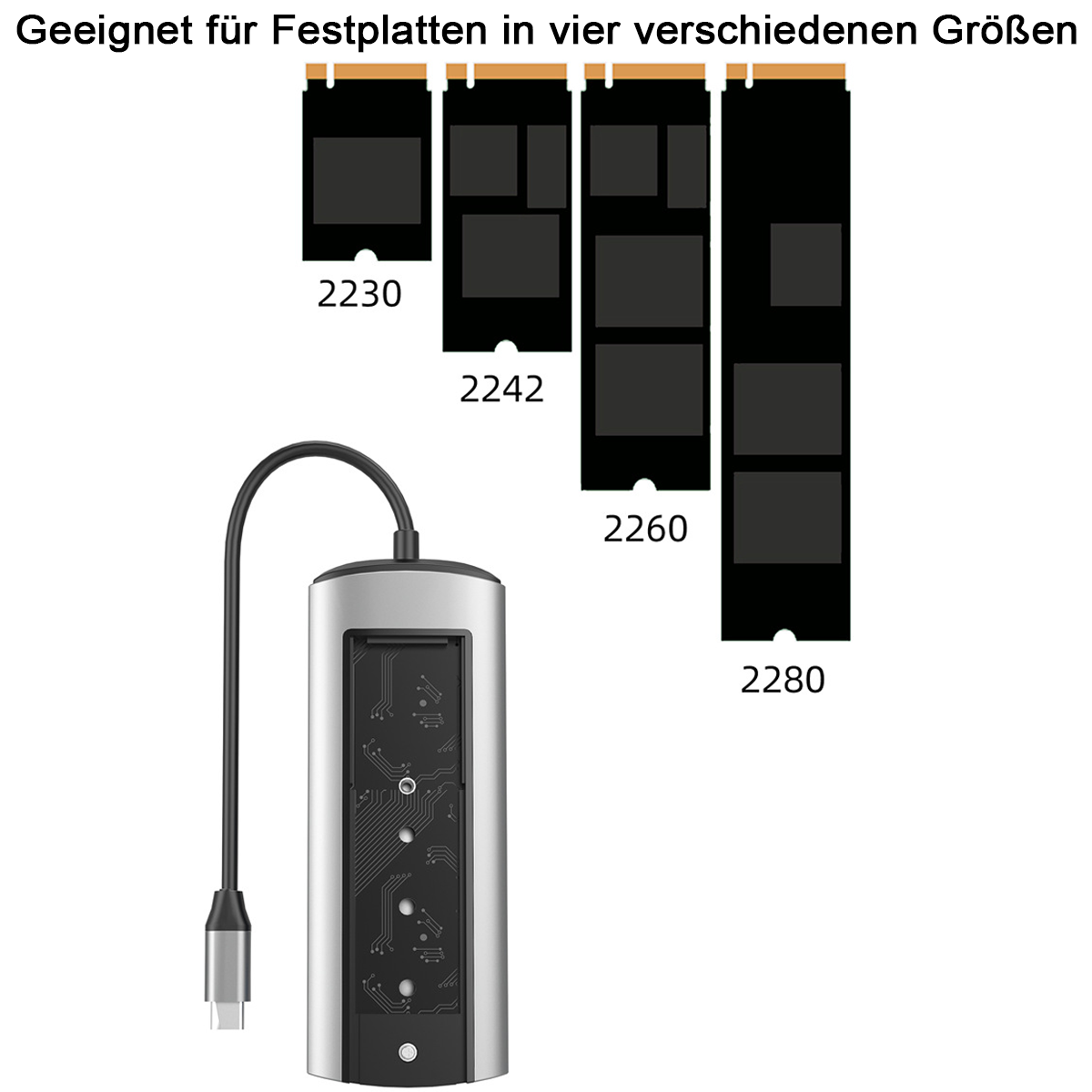 Silbernes USB-C-Gehäuse mit Kabel und vier verschiedenen SSD-Größen.
