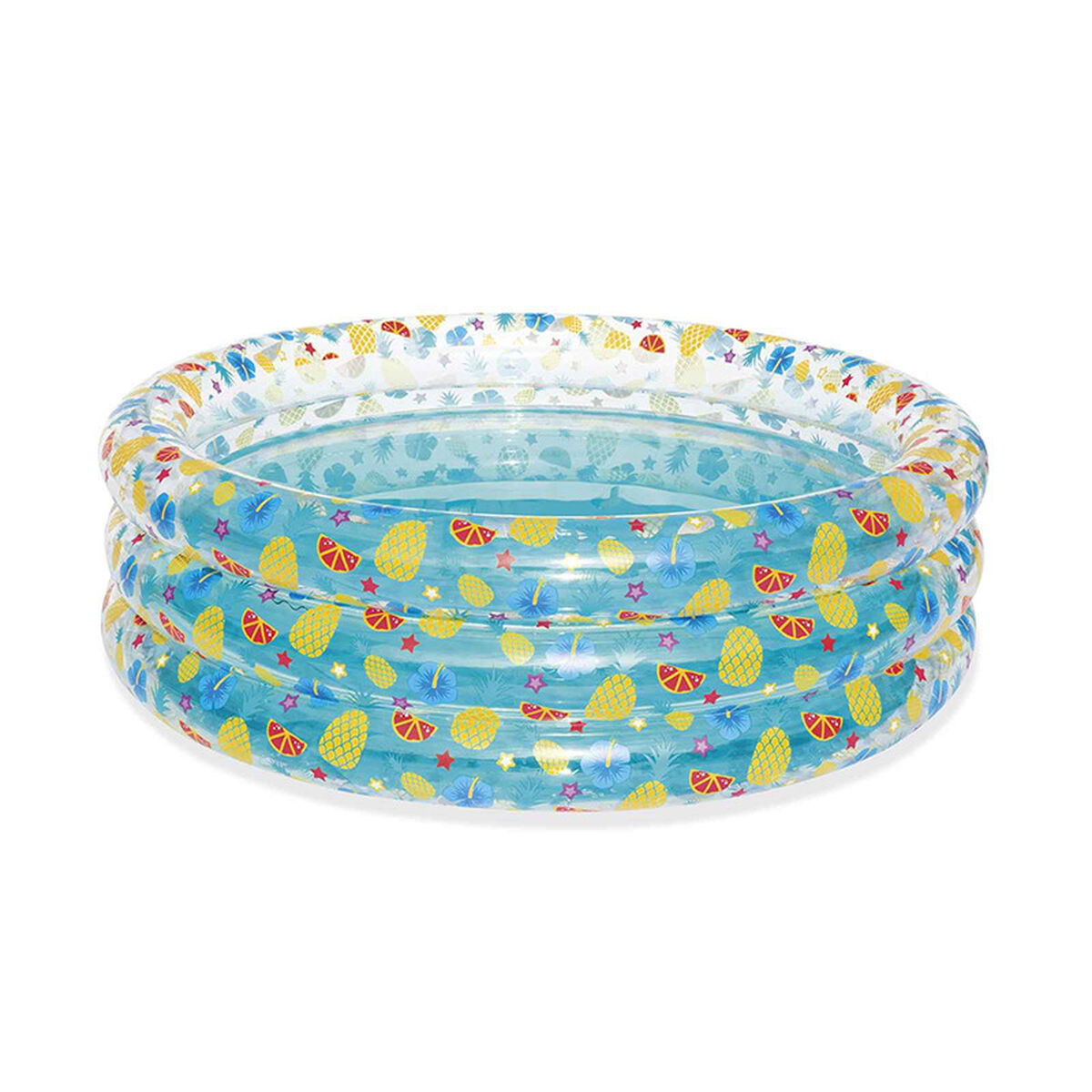Piscina inflable con estampado de piñas, flores y estrellas sobre fondo azul.