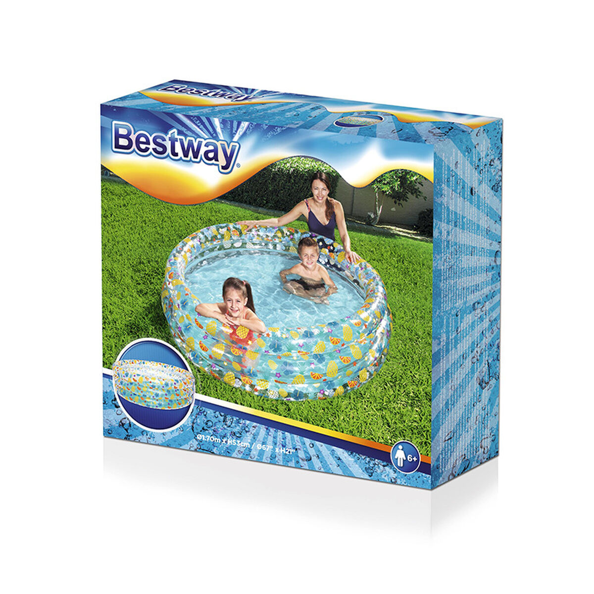 Piscina inflable Bestway con familia en el jardín. Para mayores de 6 años.
