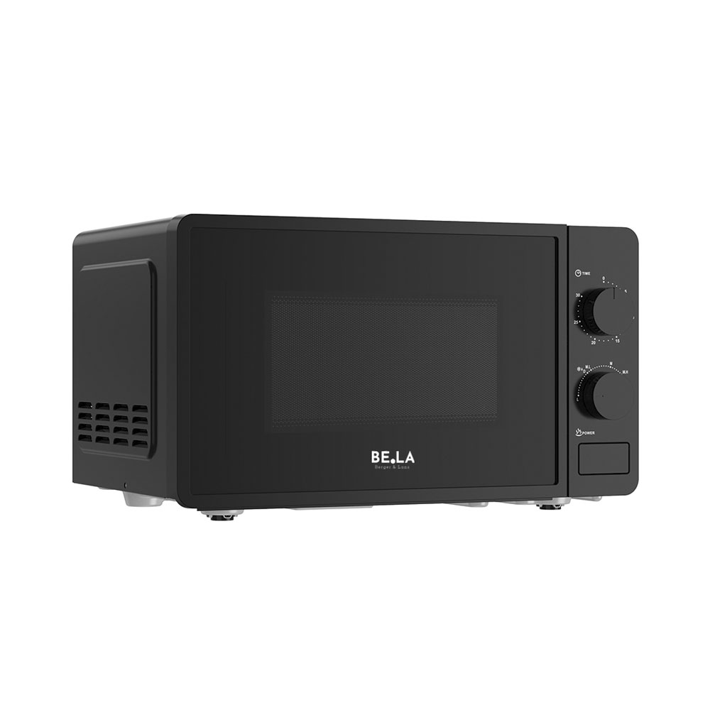 Forno a microonde nero con due manopole e un pulsante rettangolare.