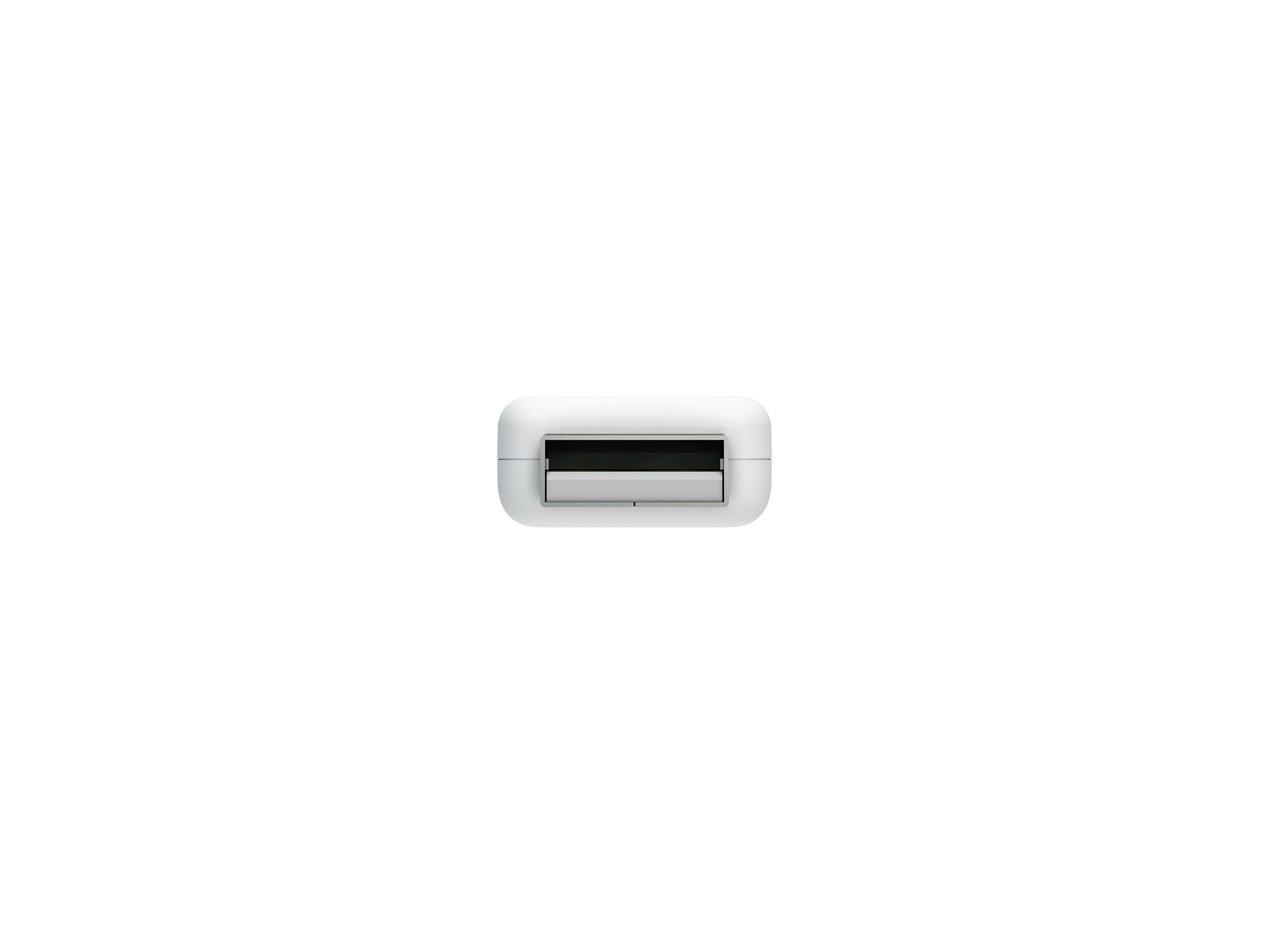 Ein weißer USB-Anschluss mit silbernen Kontakten auf weißem Hintergrund.