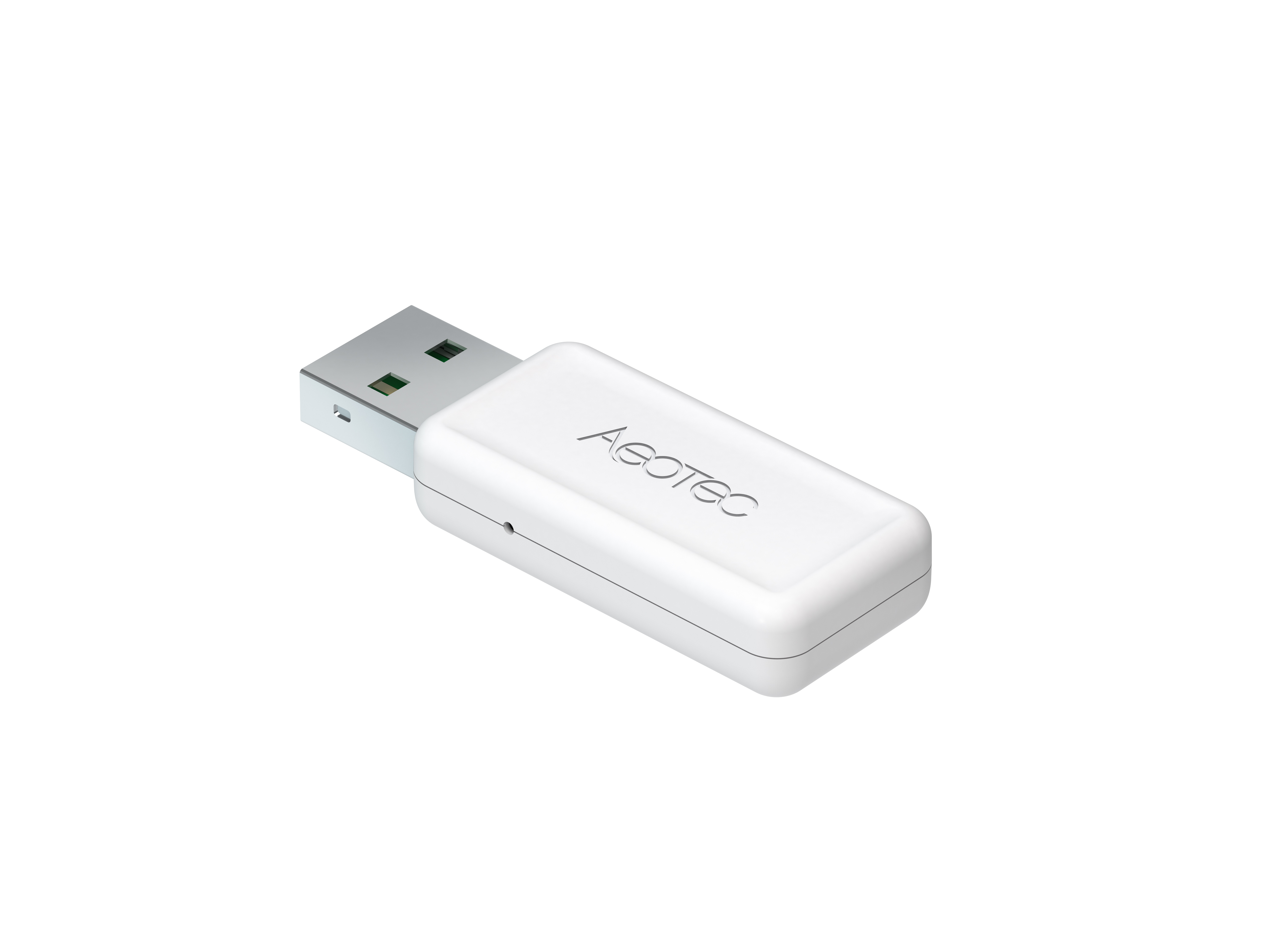 Ein weißer USB-Stick mit silbernem Stecker und dem Logo "Aeotec".