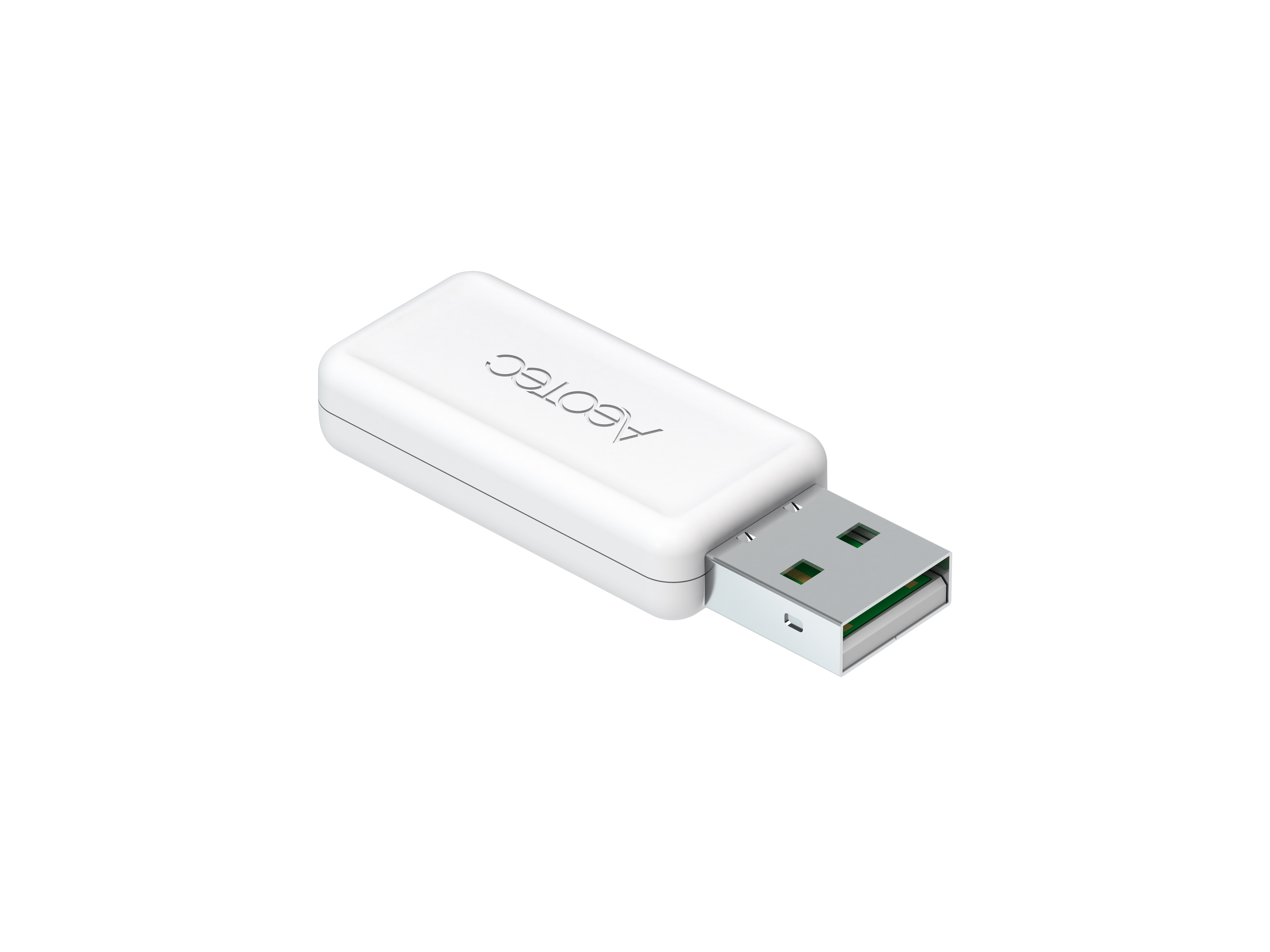 Ein weißer USB-Stick mit dem Aeotec-Logo ist auf weißem Hintergrund zu sehen.