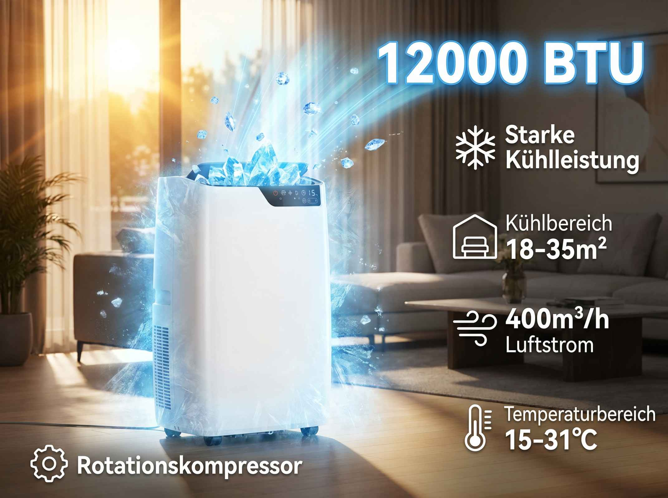 Ein weißer Klimaanlagen-Turm mit Eis- und Wassereffekten, 12000 BTU.
