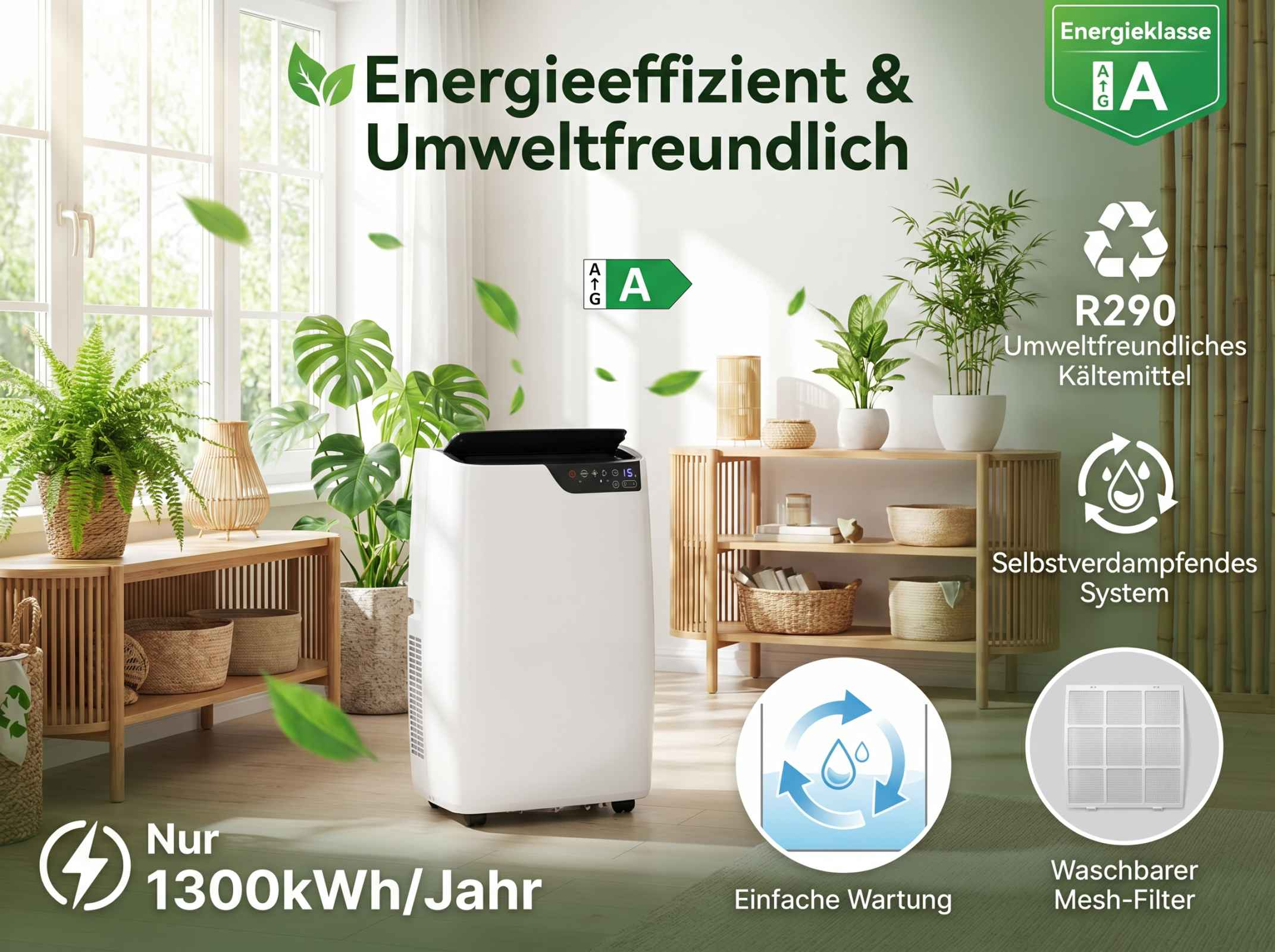 Ein weißer Luftkühler steht neben einem Fenster und einem Regal mit Pflanzen. Energieeffizient.