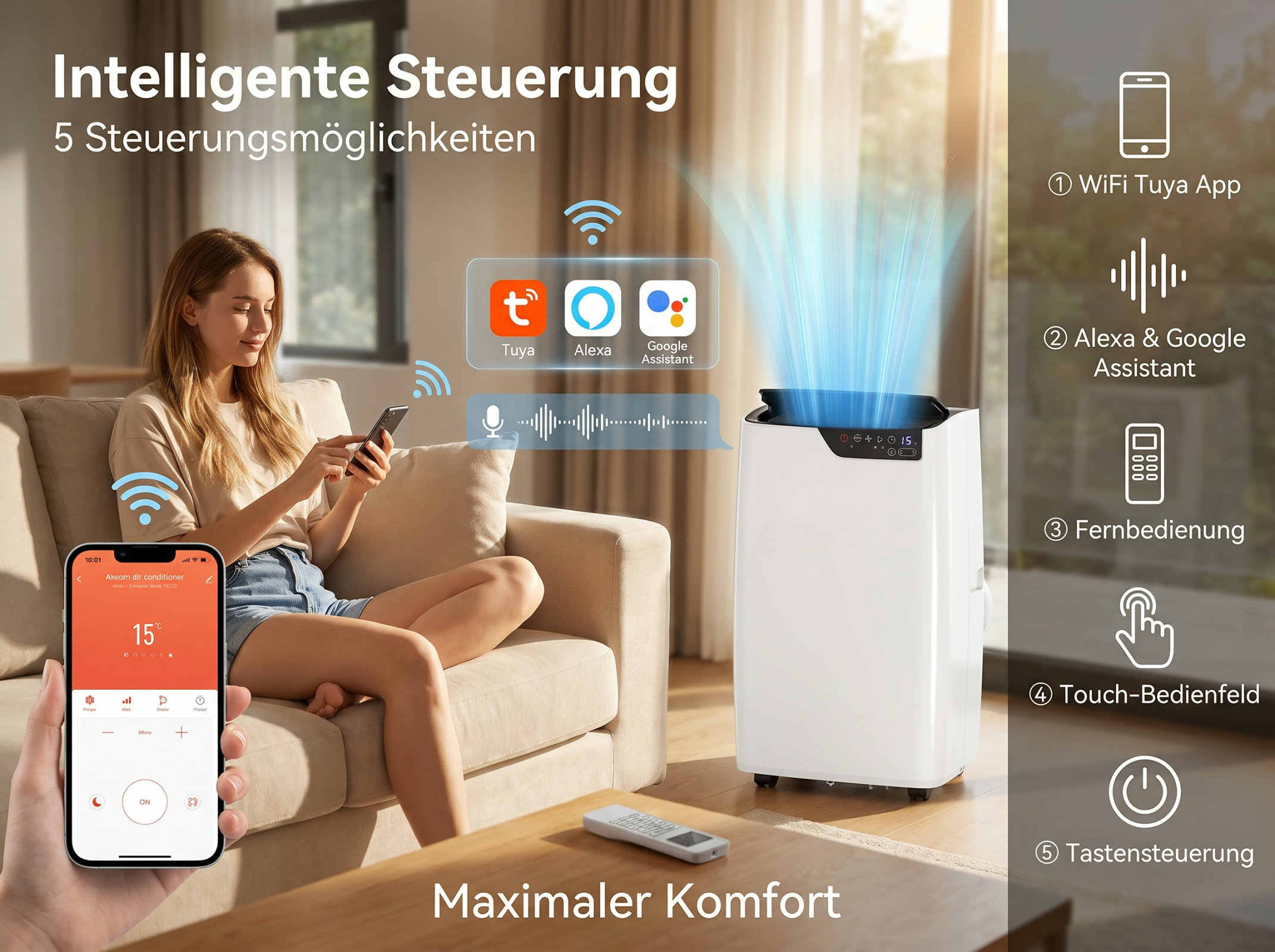 Frau bedient Klimaanlage per Handy. 5 Steuerungsoptionen.