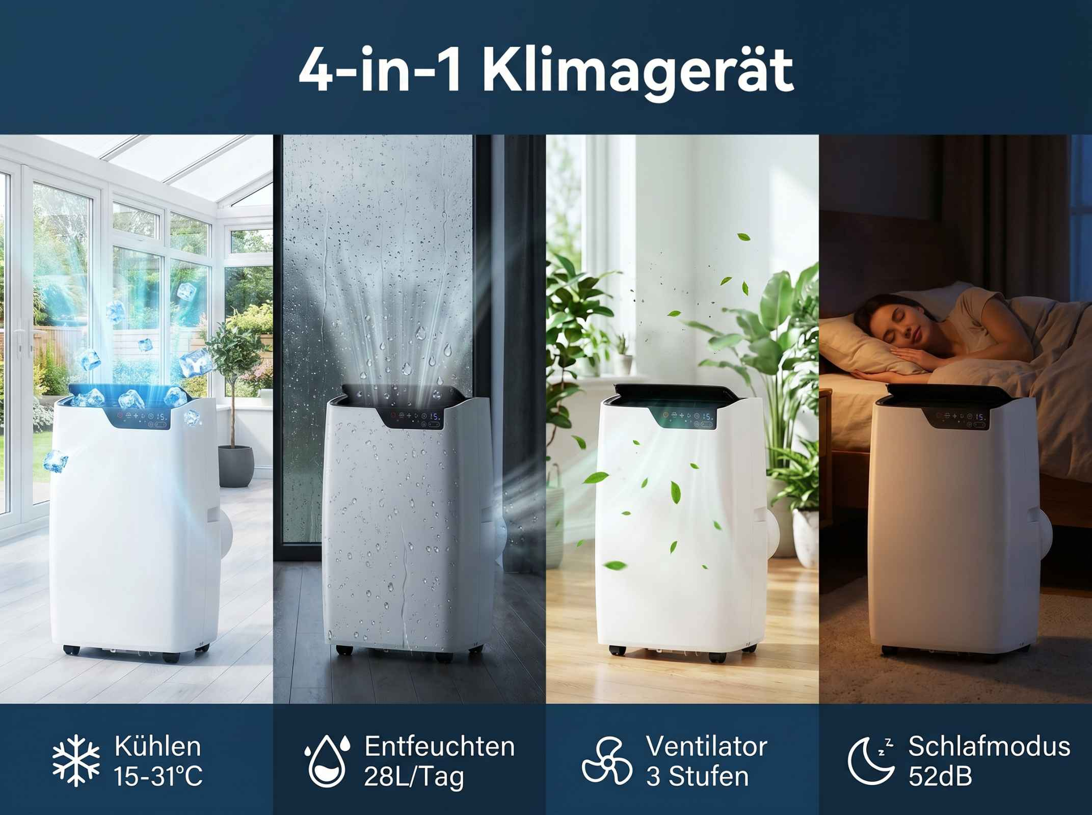 Vier Funktionen: Kühlen, Entfeuchten, Ventilator, Schlafmodus.