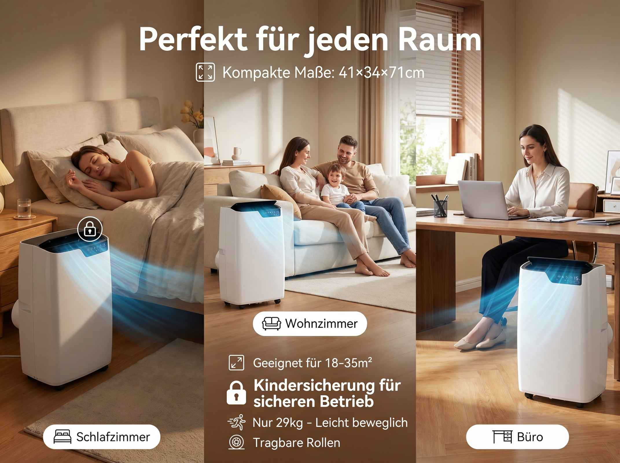 Mobile Klimaanlage in Schlafzimmer, Wohnzimmer und Büro.