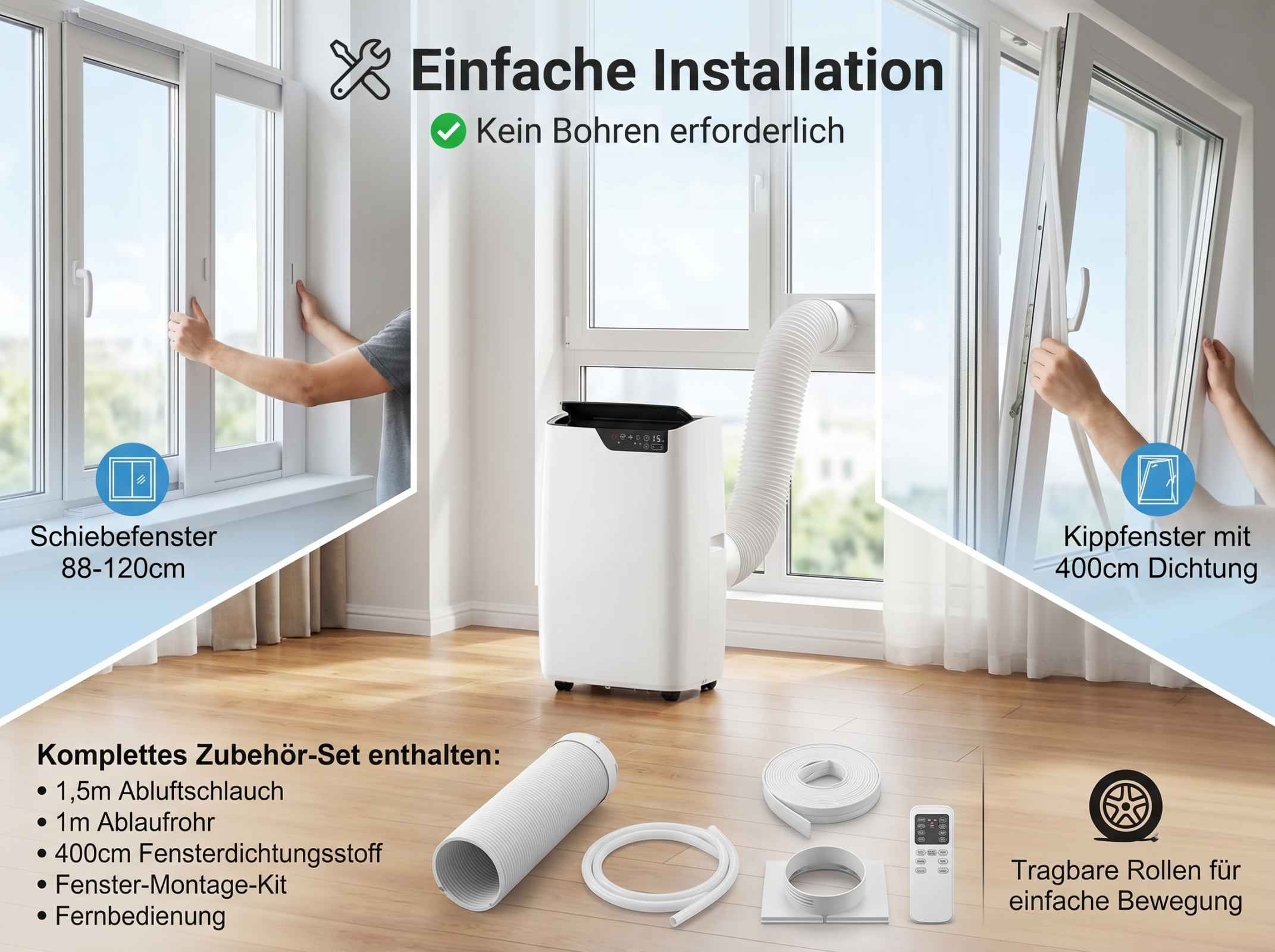 Mobile Klimaanlage mit Zubehör für Fensterinstallation.