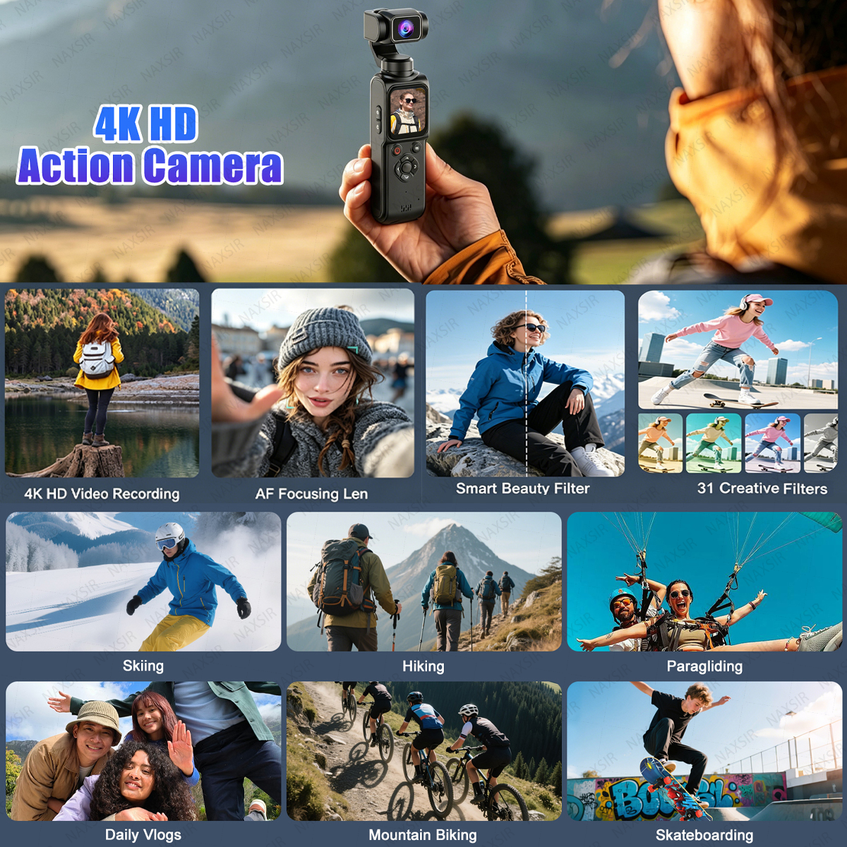 Collage von Aktivitäten: Action-Kamera, Wandern, Skifahren, Paragliding, Radfahren, Vlogging.