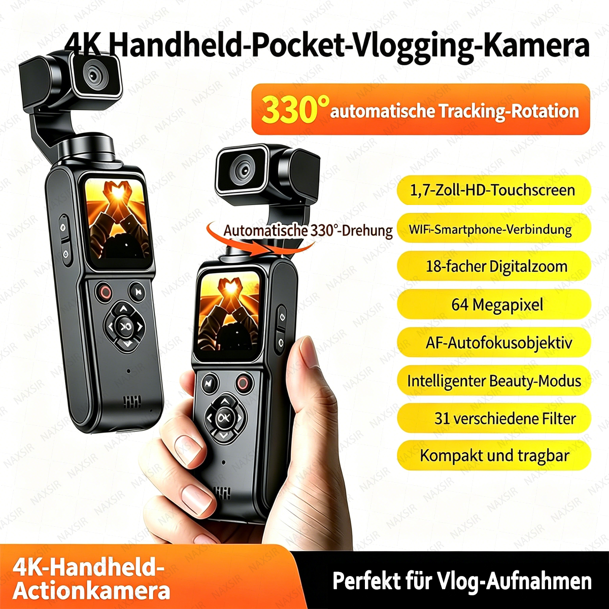 Vier 4K-Handheld-Kameras mit 330°-Drehung und Touchscreen-Anzeige.