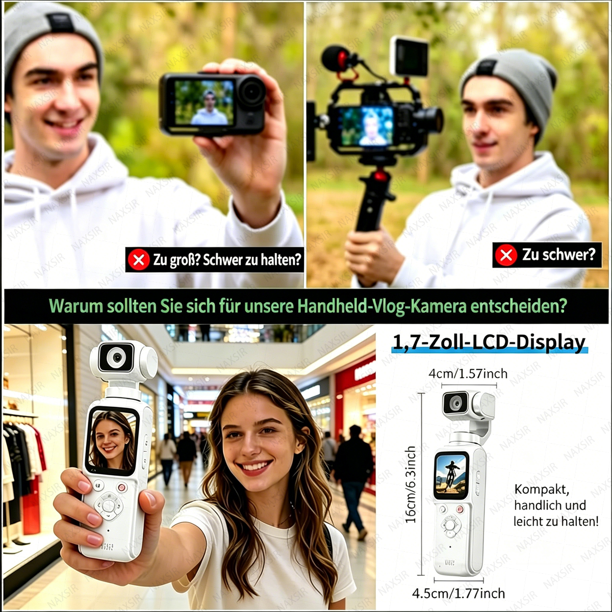 Mann hält Kamera, Frau mit Gimbal-Kamera, Produktmaße und Display.