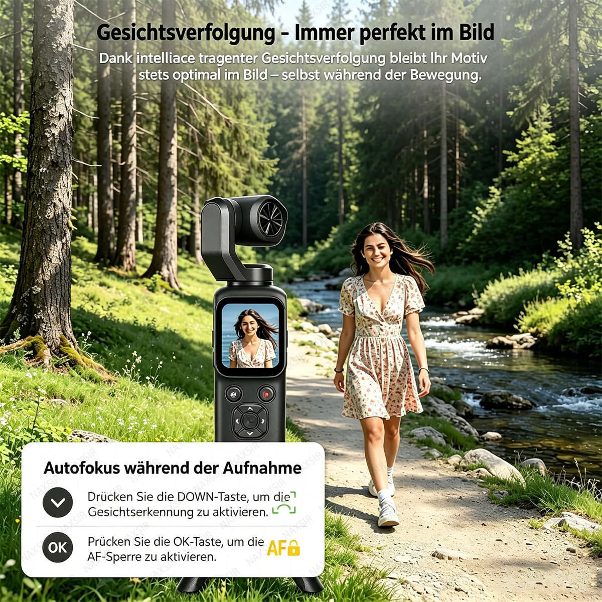 Ein Gimbal verfolgt eine Frau in einem Kleid, die in einer bewaldeten Landschaft spaziert.
