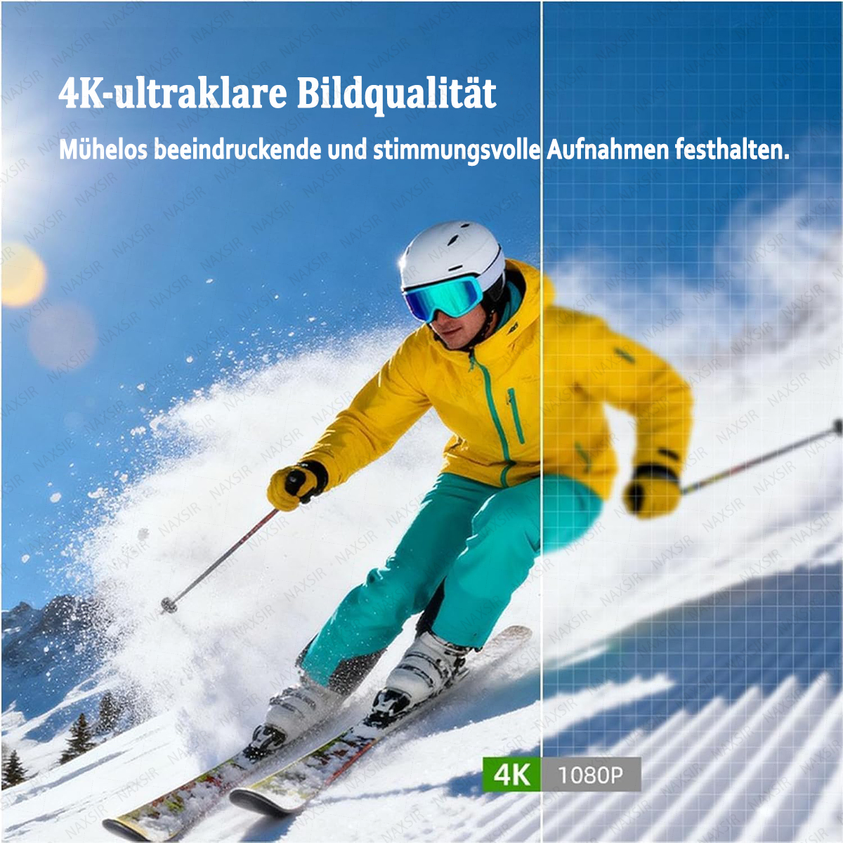 Skifahrer in gelber Jacke fährt schnell einen schneebedeckten Hang hinunter.