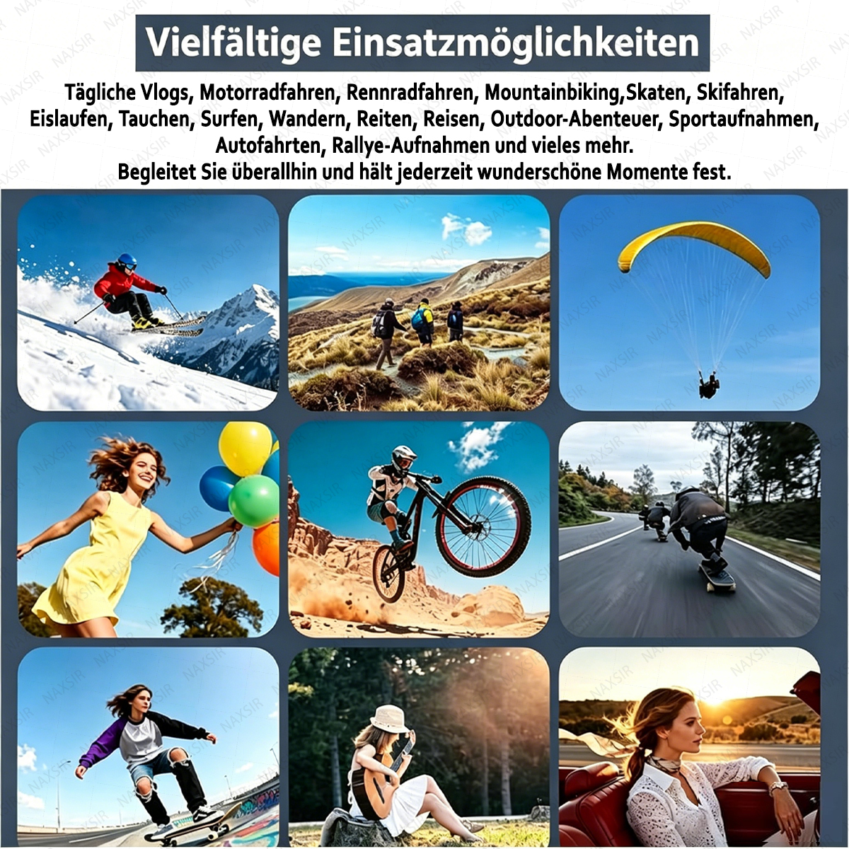 Collage von Outdoor-Aktivitäten: Skifahren, Wandern, Paragliding, Radfahren, Skateboarden.