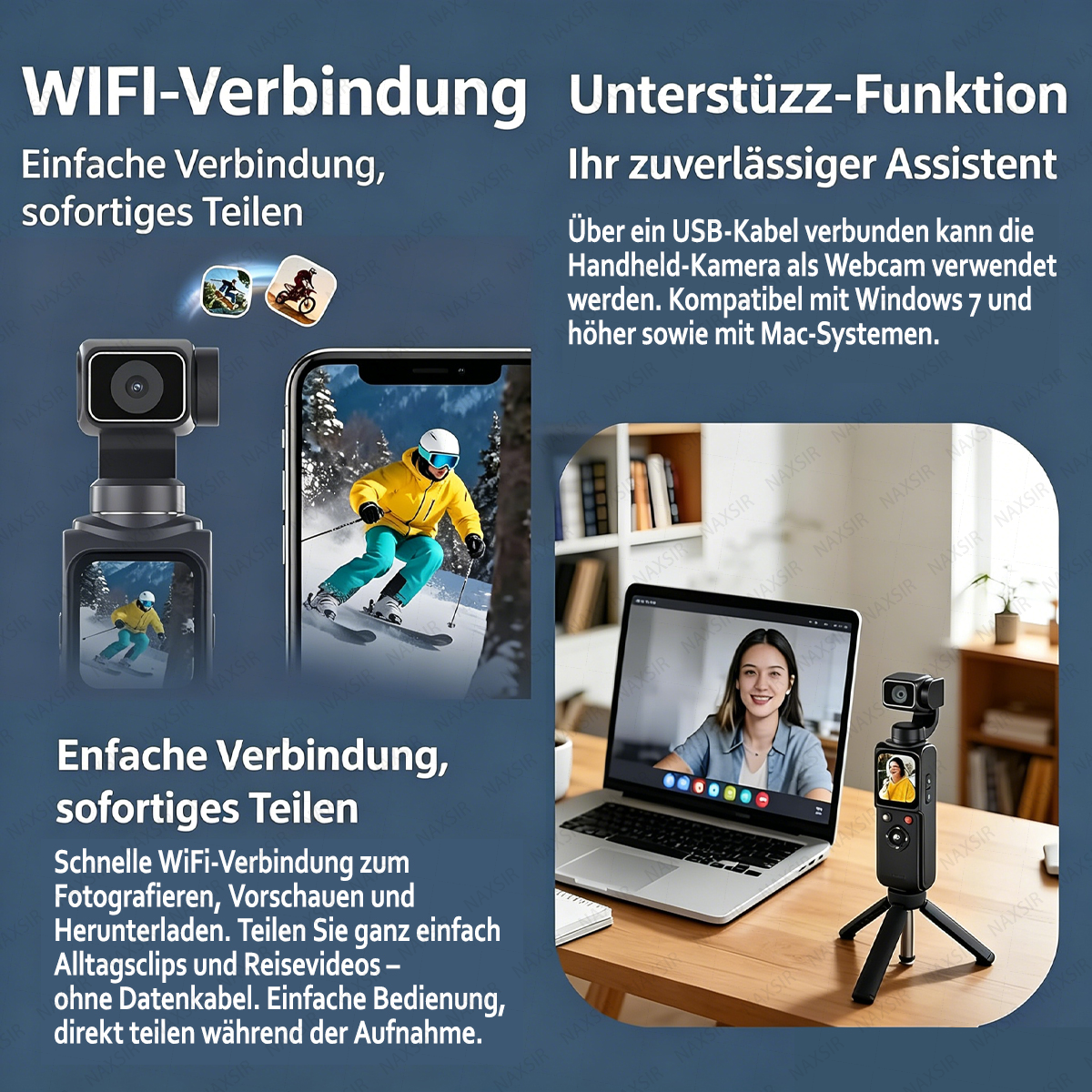Kamera, Smartphone mit Skifahrer, Laptop mit Videokonferenz. WiFi & USB Funktionen.