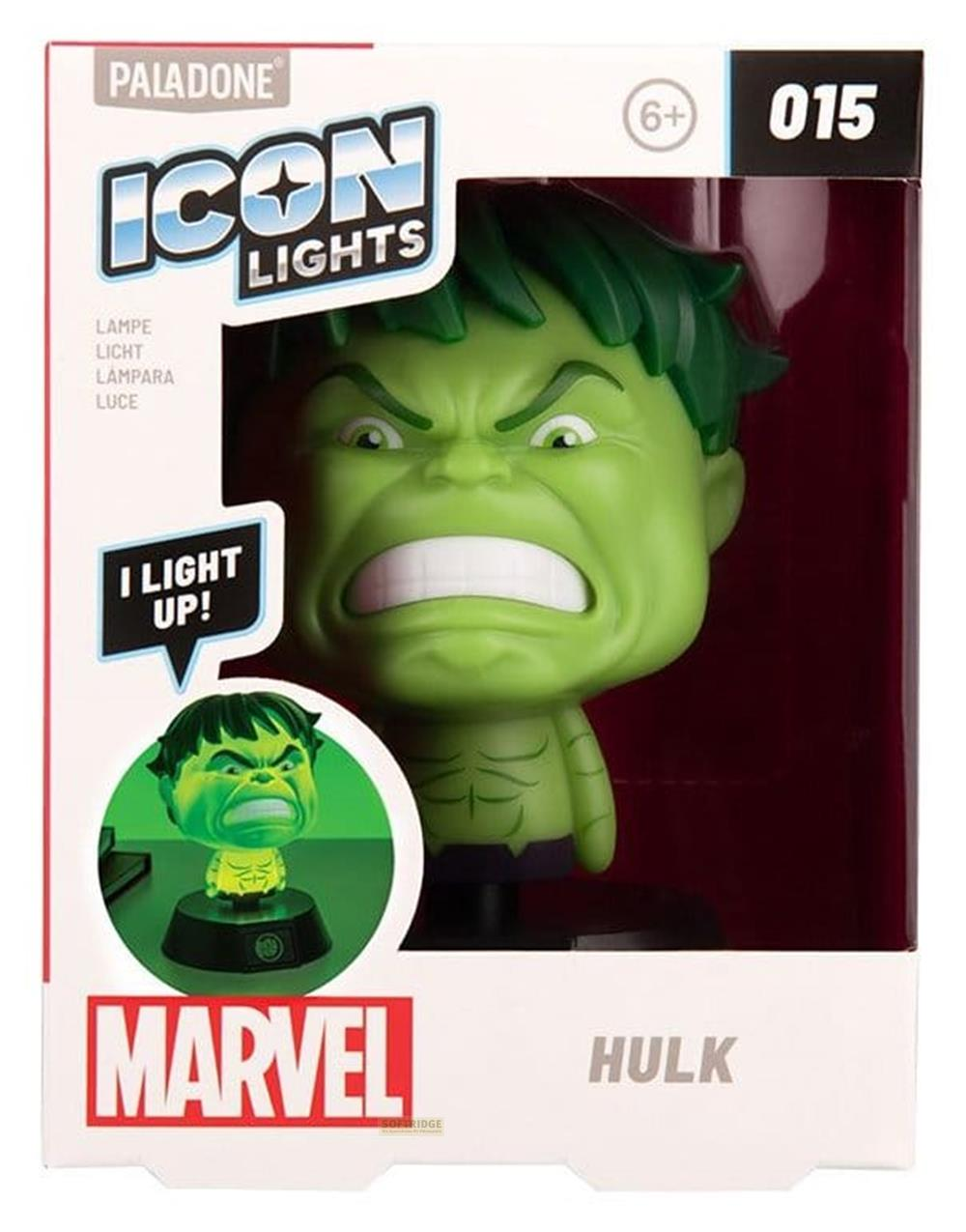 Zielona figurka Hulka ze złością na opakowaniu Paladone Icon Lights.