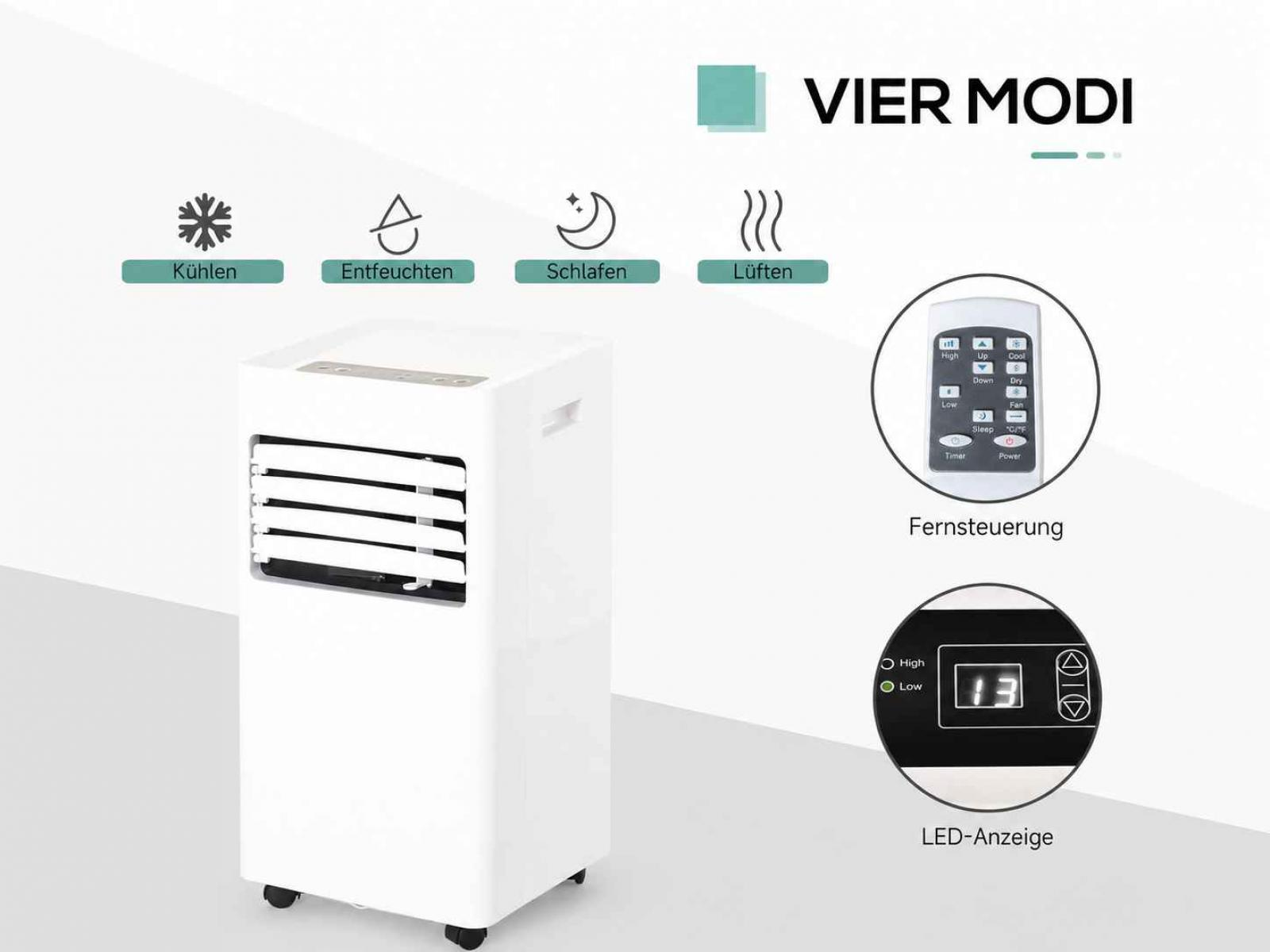 Ein weier mobiler Klimaanlagen-Turm mit Symbolen für Köhlen, Entfeuchten, Schlafen, Lüften.