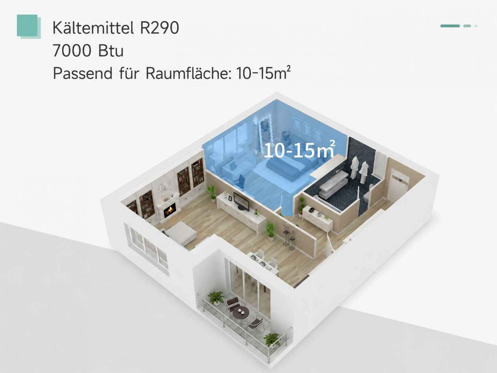 Grundriss eines Apartments, Kühlmittel R290, 7000 BTU, für 10-15m².