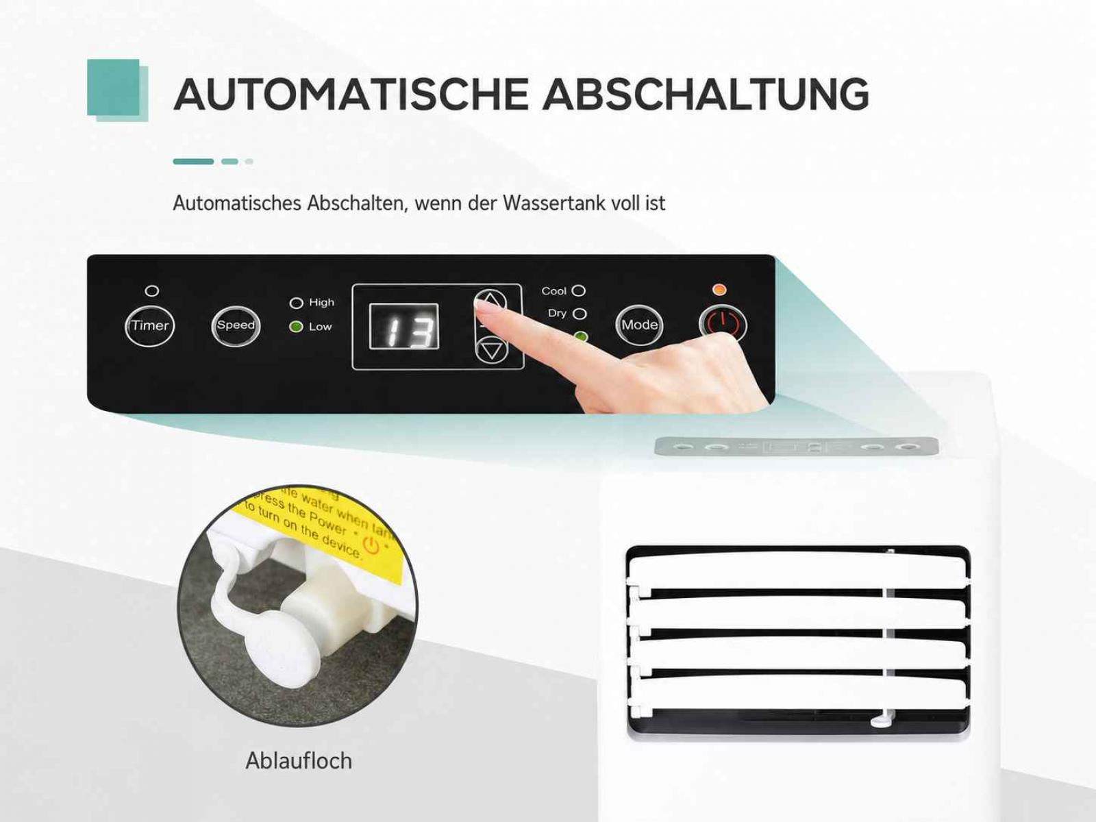 Ein Finger drückt die Pfeiltasten auf einem Bedienfeld mit Timer, Geschwindigkeit und Modus.