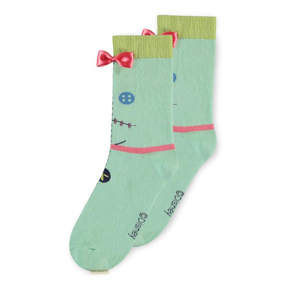 Hellgrüne Socken mit Stitch-Motiv, roten Schleifen und Disney-Logo.