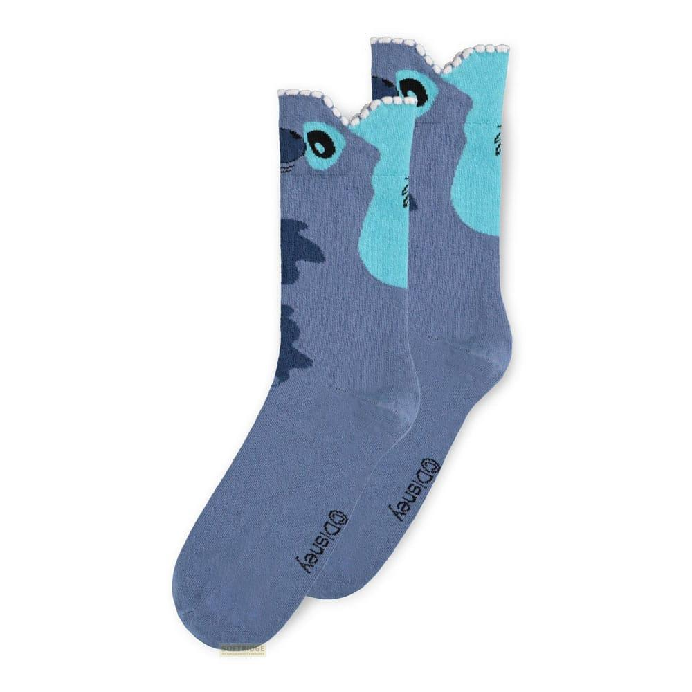 Zwei blaue Socken mit Stitch-Motiv, jeweils mit Disney-Logo.