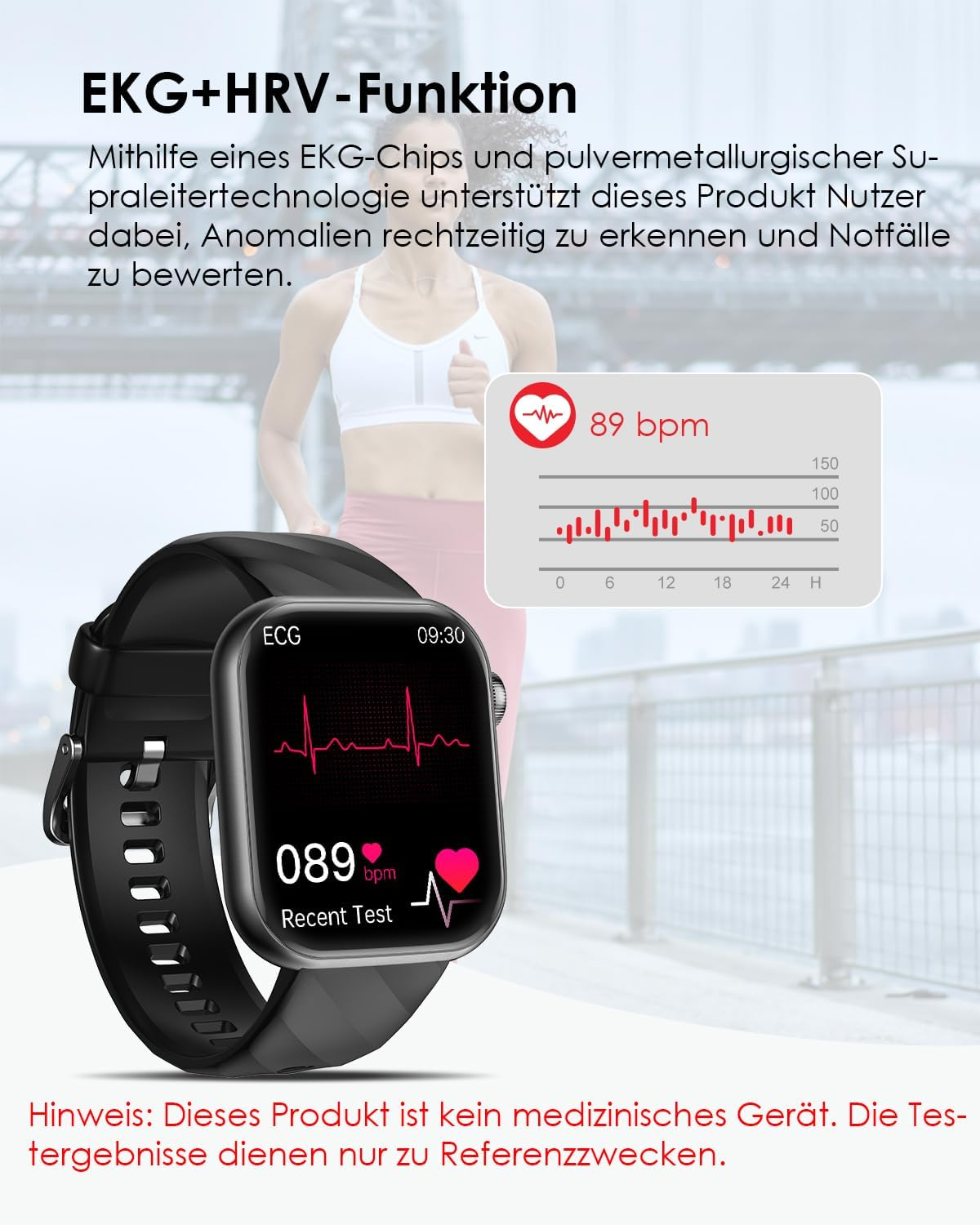 Eine Smartwatch zeigt EKG- und Herzfrequenzdaten an. Ein Läufer im Hintergrund.