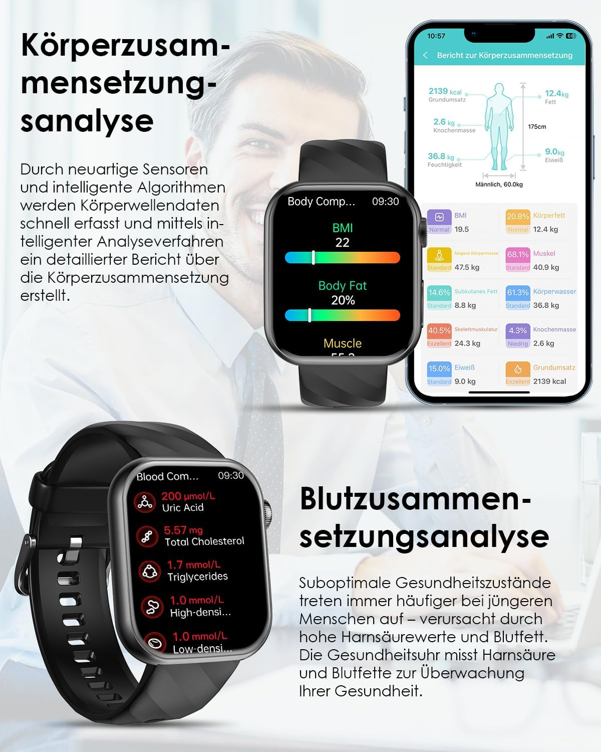 Eine Smartwatch und ein Smartphone zeigen Körperzusammensetzungs- und Blutanalysewerte an.