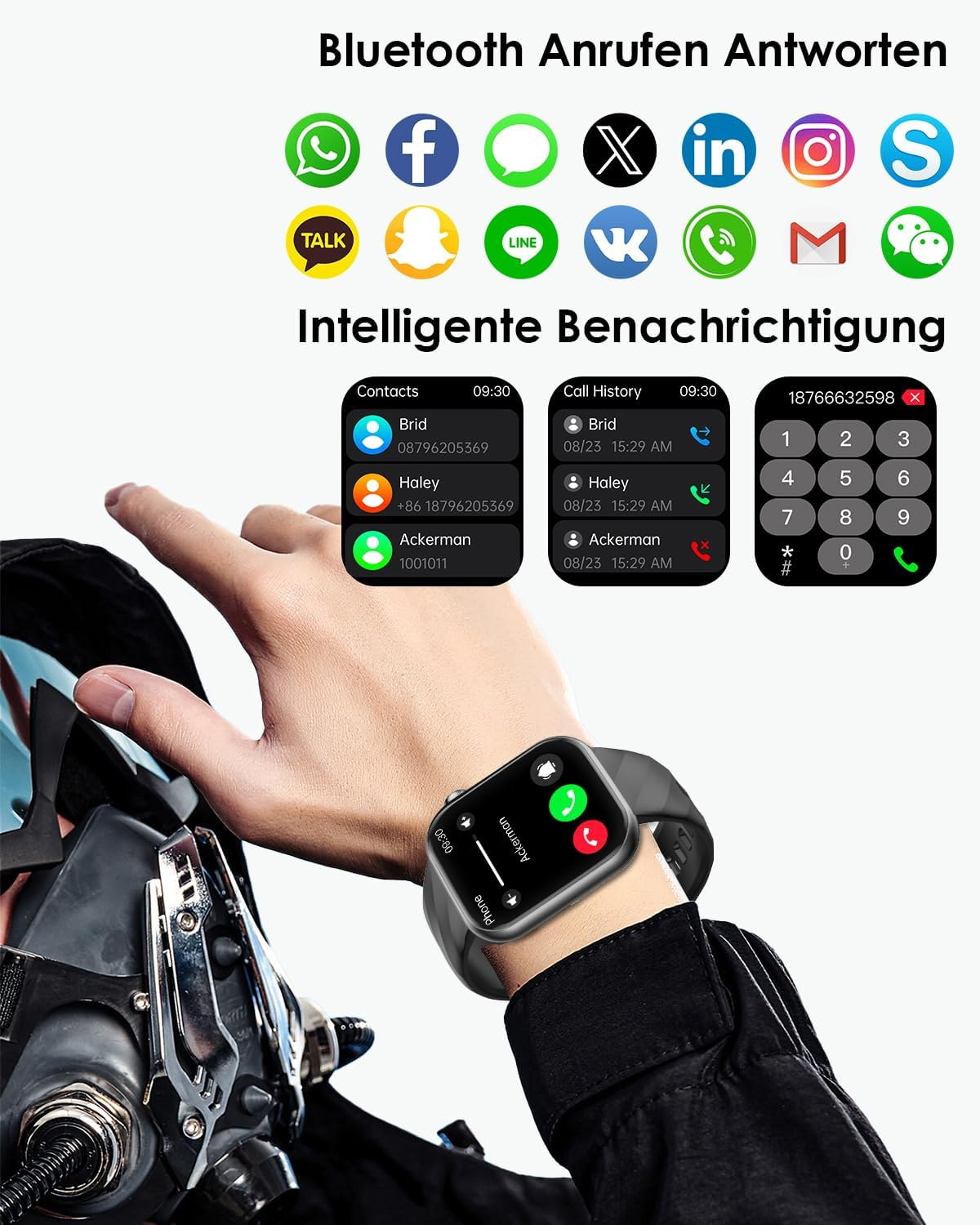 Smartwatch zeigt Kontakte, Anrufliste und Tastatur mit App-Icons.