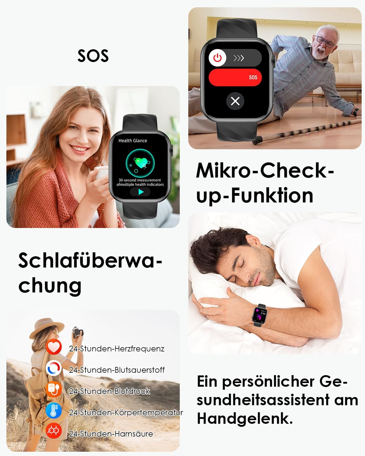 Smartwatch-Funktionen: SOS, Gesundheits-Check, Schlafüberwachung, 24h-Messwerte.