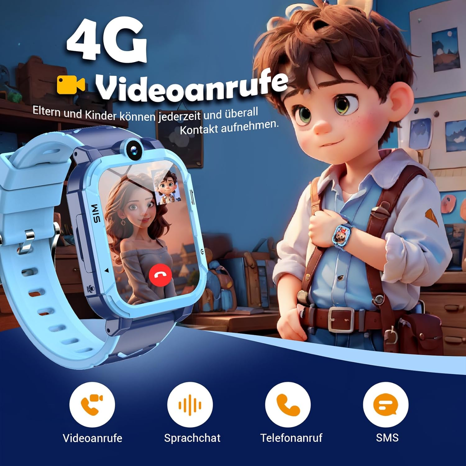 Ein Junge trägt eine blaue Smartwatch mit Videoanruf-Funktion.