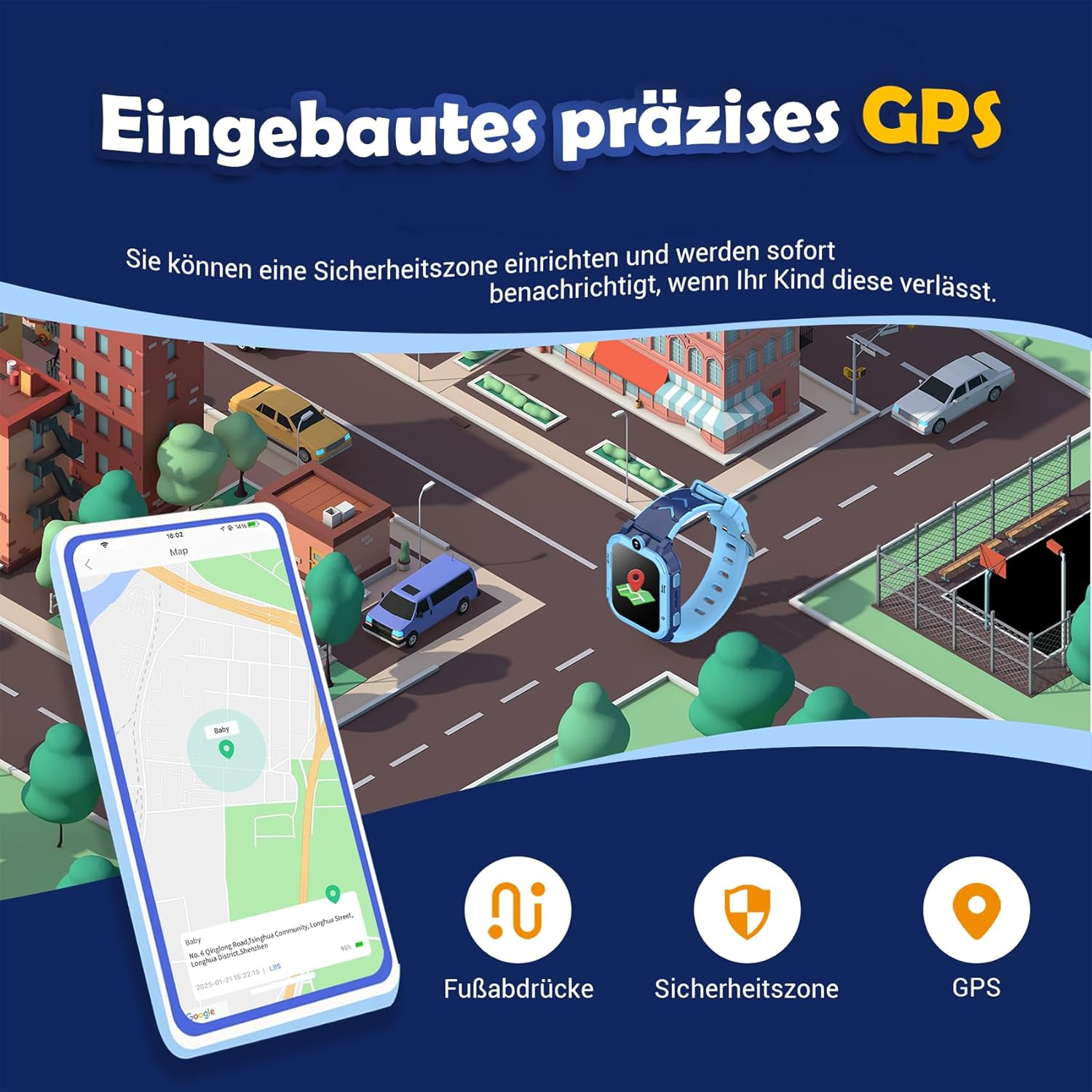 Eine App zeigt eine Kinderuhr mit GPS-Ortung in einer Stadtansicht.