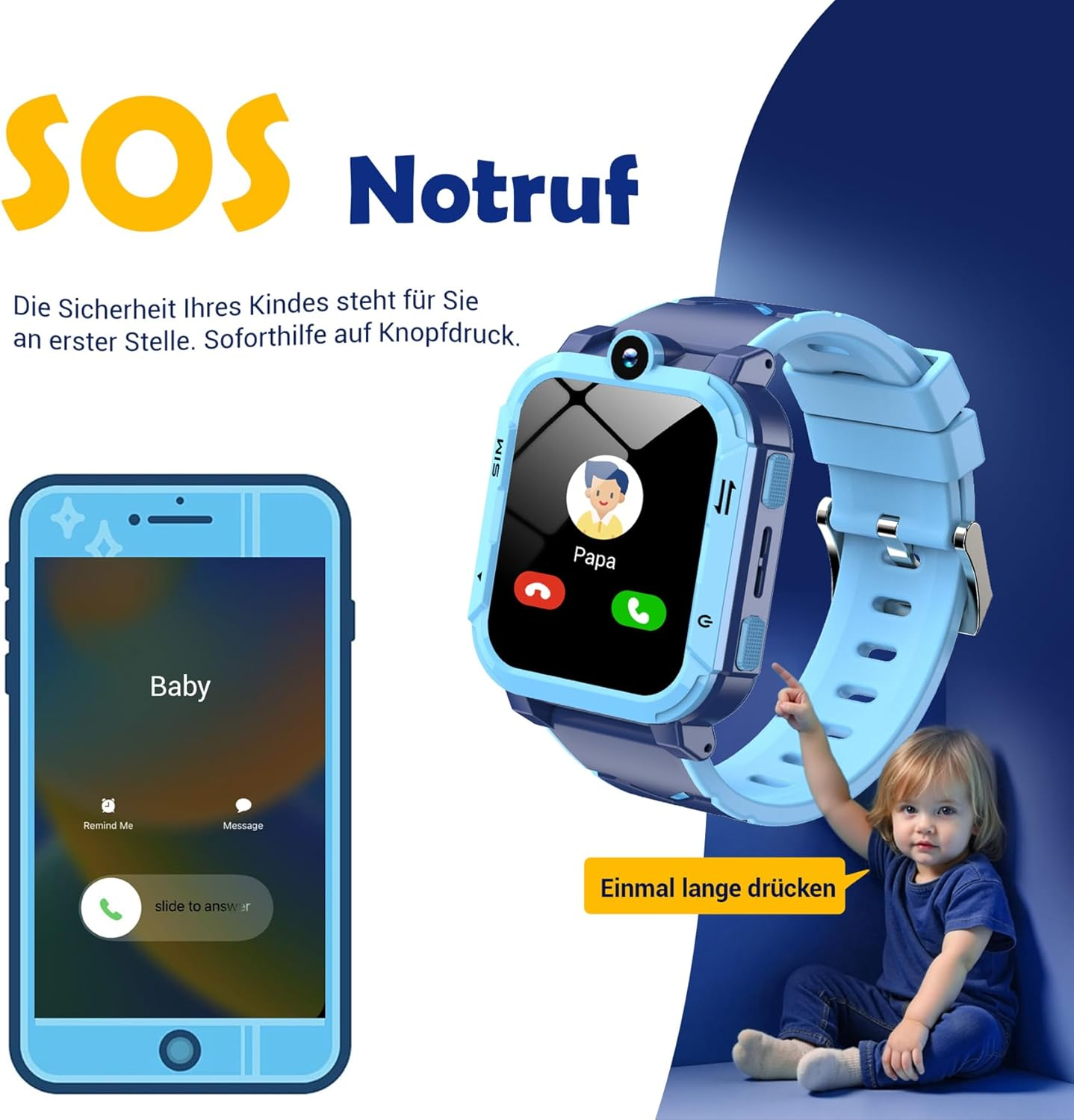 Ein Kind sitzt neben einer blauen Smartwatch und einem Smartphone. SOS Notruf.