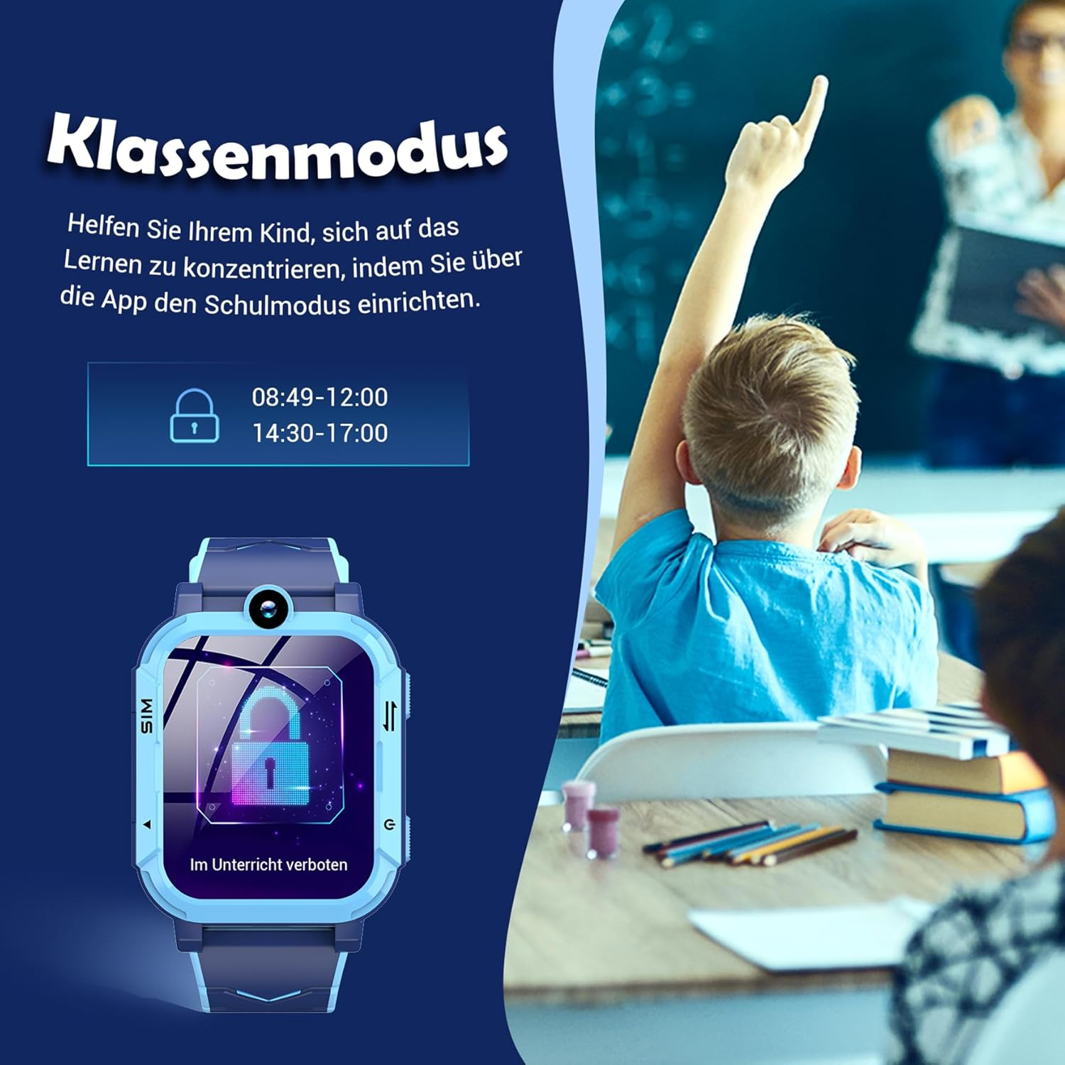 Kind hebt Hand im Klassenzimmer, Smartwatch mit Schlosssymbol. Klassenmodus.
