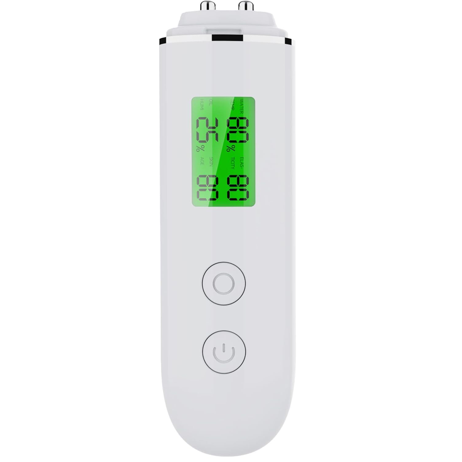 Ein weißes Hautanalysegerät mit grünem Display zeigt Werte für Wasser, Elastizität, Öl und Feuchtigkeit.