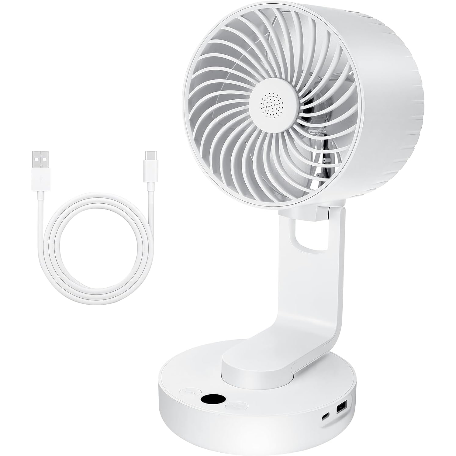 Ein weißer tragbarer Ventilator mit USB-Kabel auf weißem Hintergrund.