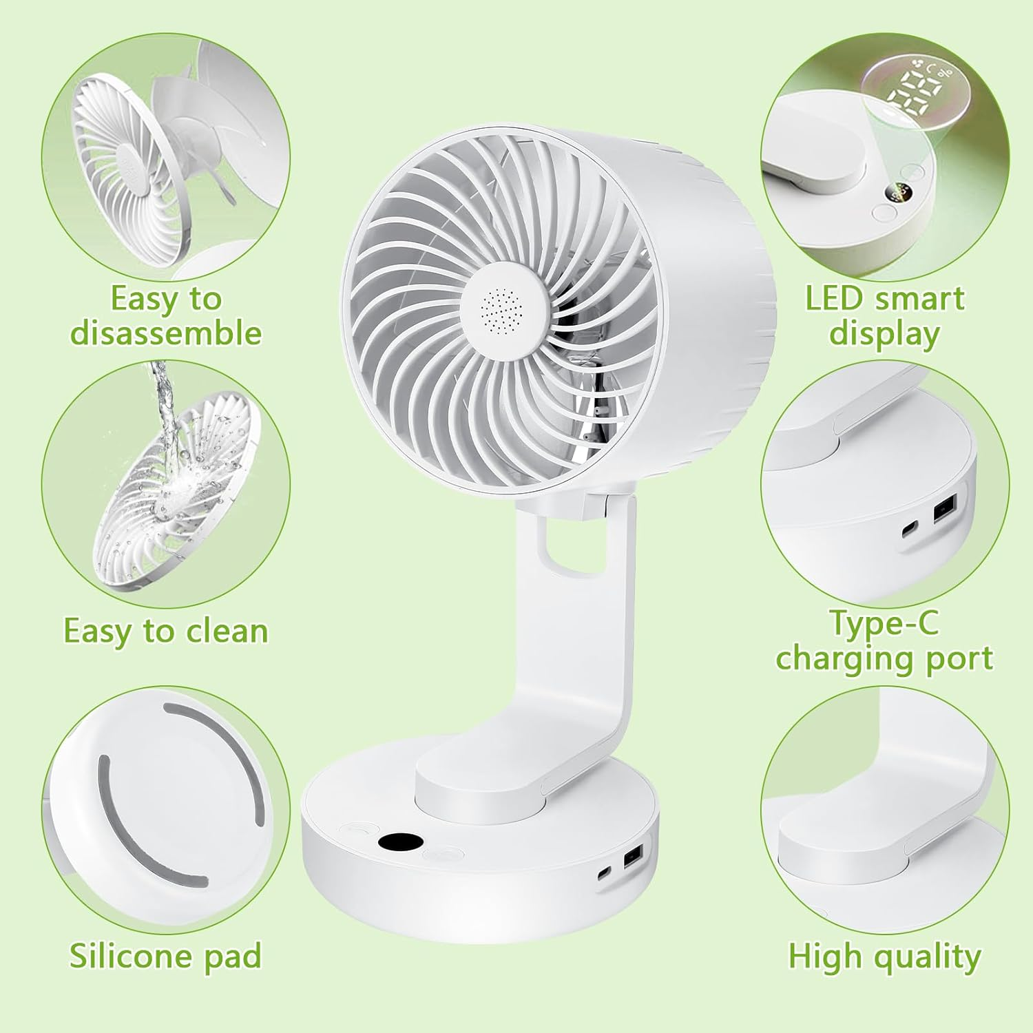 Ein weißer Ventilator mit LED-Display, Typ-C-Anschluss, Silikonpad.