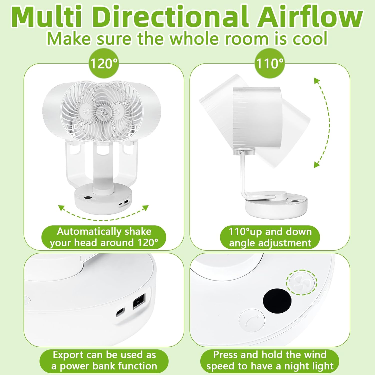 Weißer Ventilator mit mehreren Funktionen: 120° Oszillation, 110° Winkel, Powerbank und Nachtlicht.