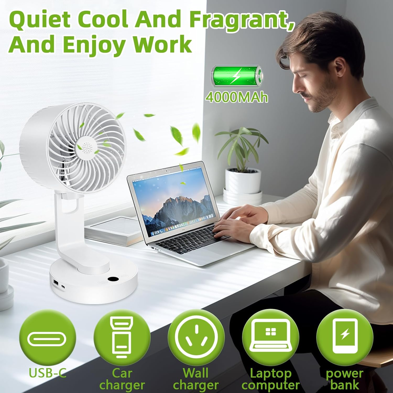Mann am Schreibtisch mit Laptop, Ventilator und Akku-Symbol. Symbole zeigen USB-C, Auto, Wand, Laptop, Powerbank.