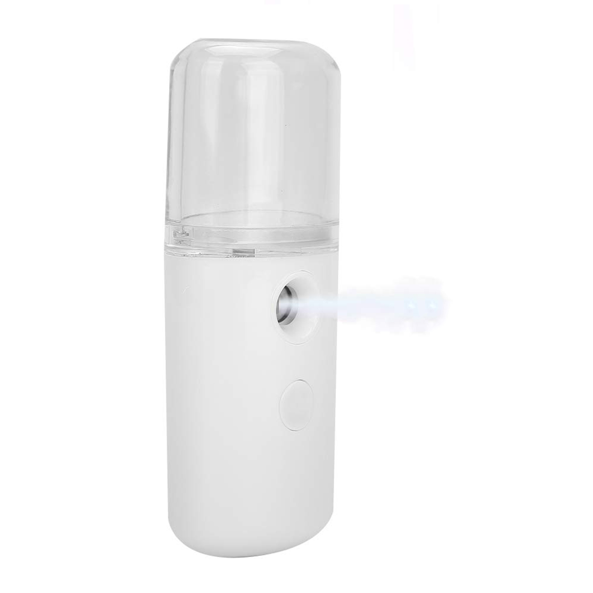 Ein weißer Sprühzerstäuber mit transparenter Kappe versprüht feinen Nebel.