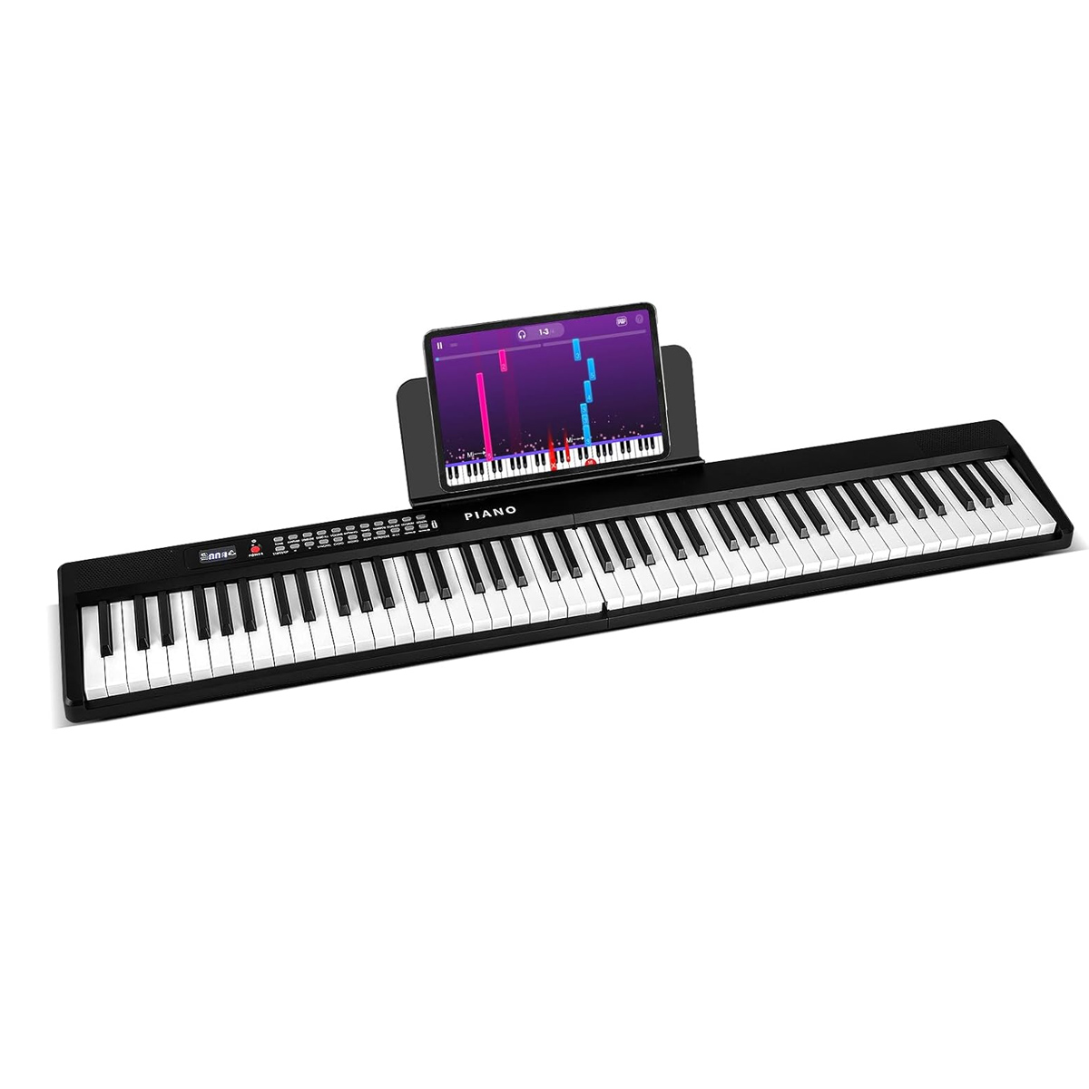 Ein schwarzes Digitalpiano mit einem Tablet, das Noten anzeigt.
