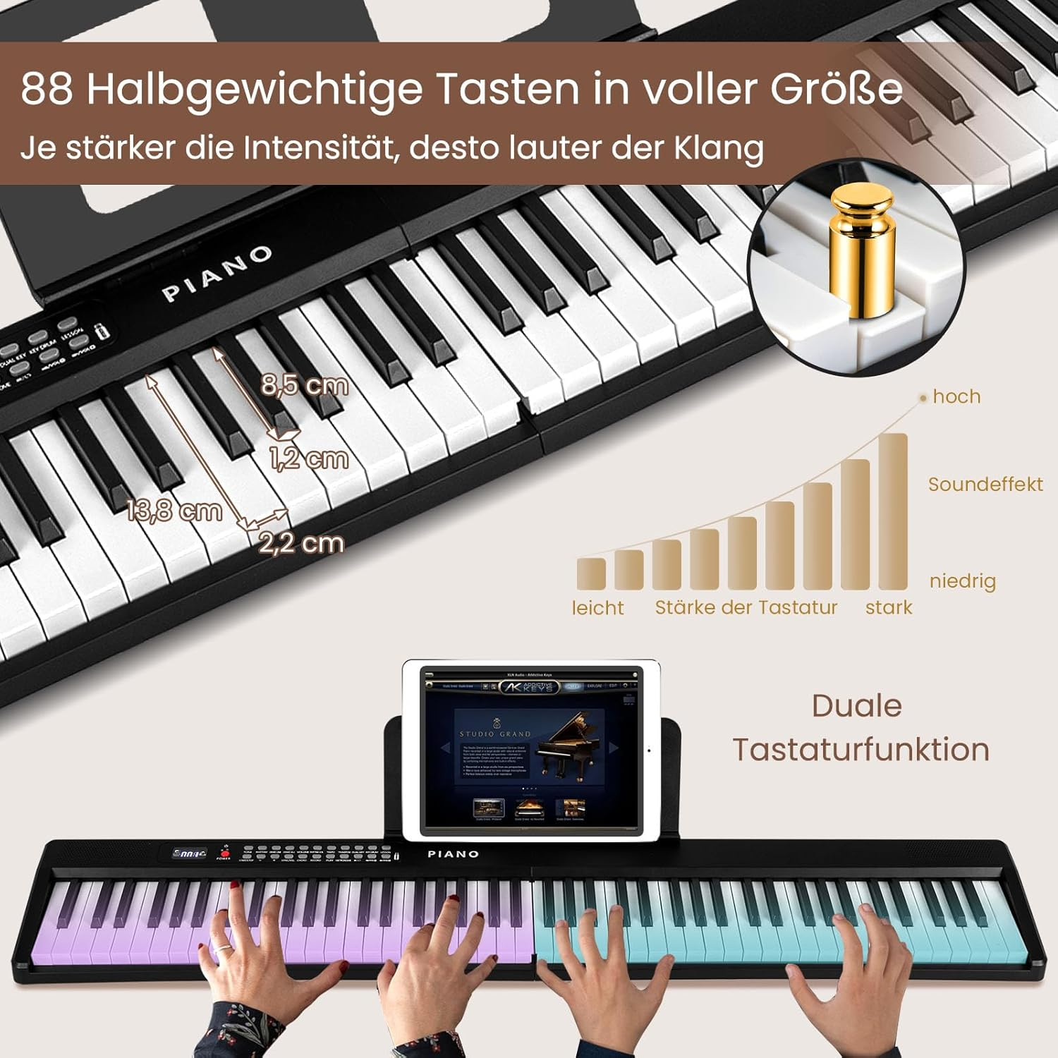 Ein digitales Klavier mit 88 Tasten, das Tastengröße und Klangeffekte zeigt.